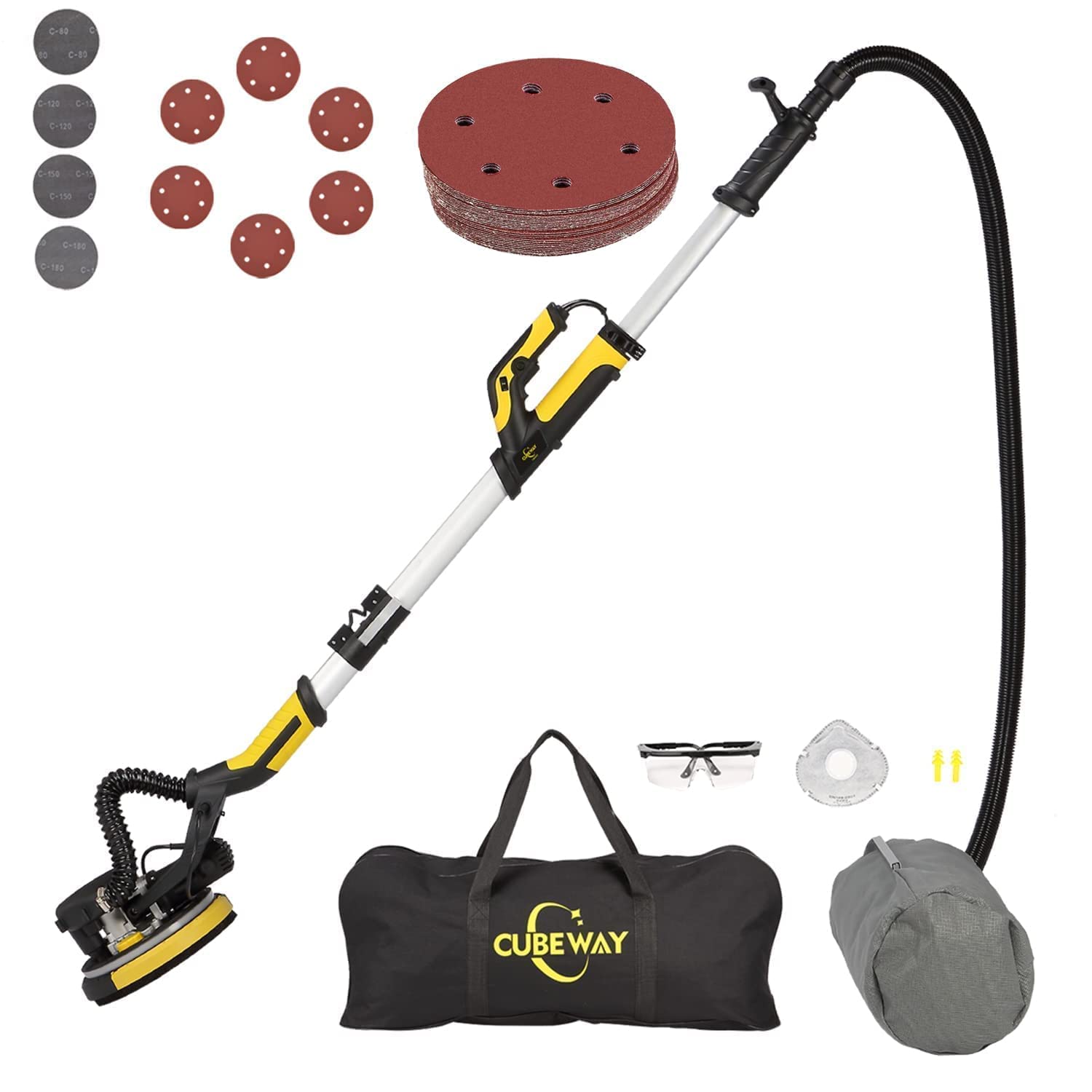 Cubeway Electric Drywall Sander with Vacuum Attachment - Variable Speed Rotary Sander with Detachable Dust Shroud & LED Light - ETL Certified for Wall Sanding & Home Renovation Projects - Perfect for Drywall Repair, Ceiling Sanding and DIY Construction Work