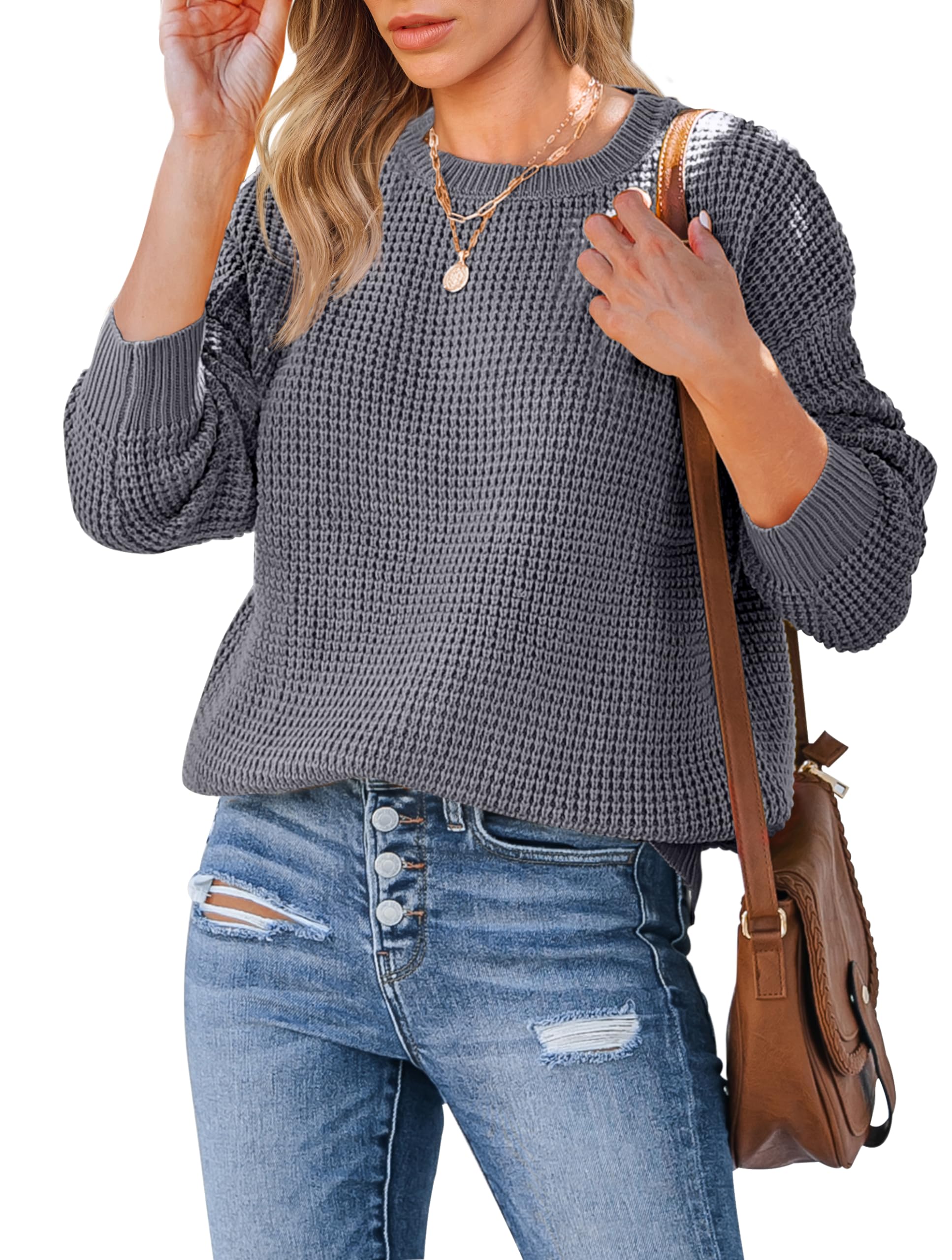 MEROKEETY Women's Long Sleeve Waffle Knit Sweater - Crew Neck Solid Color Pullover Jumper Top for Fall Winter Fashion | Cozy Casual Wear, Office Outfit, Date Night & Holiday Style