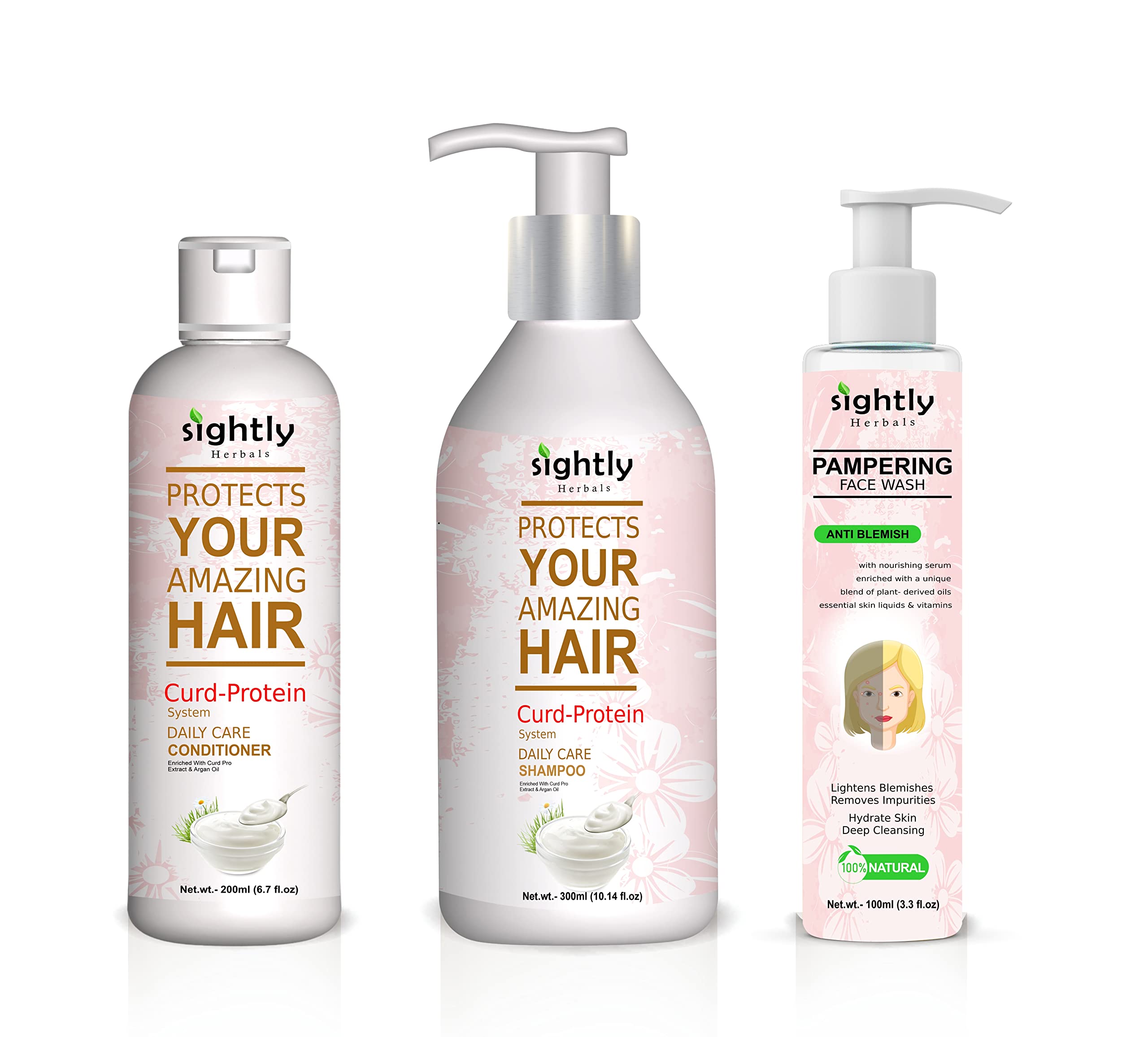 Sightly Curd Protein Shampoo & Conditioner Set with Anti-Blemish Face Wash - Natural Growth & Shine Formula, No Synthetic Colors - Perfect for Daily Hair & Skin Care Routine