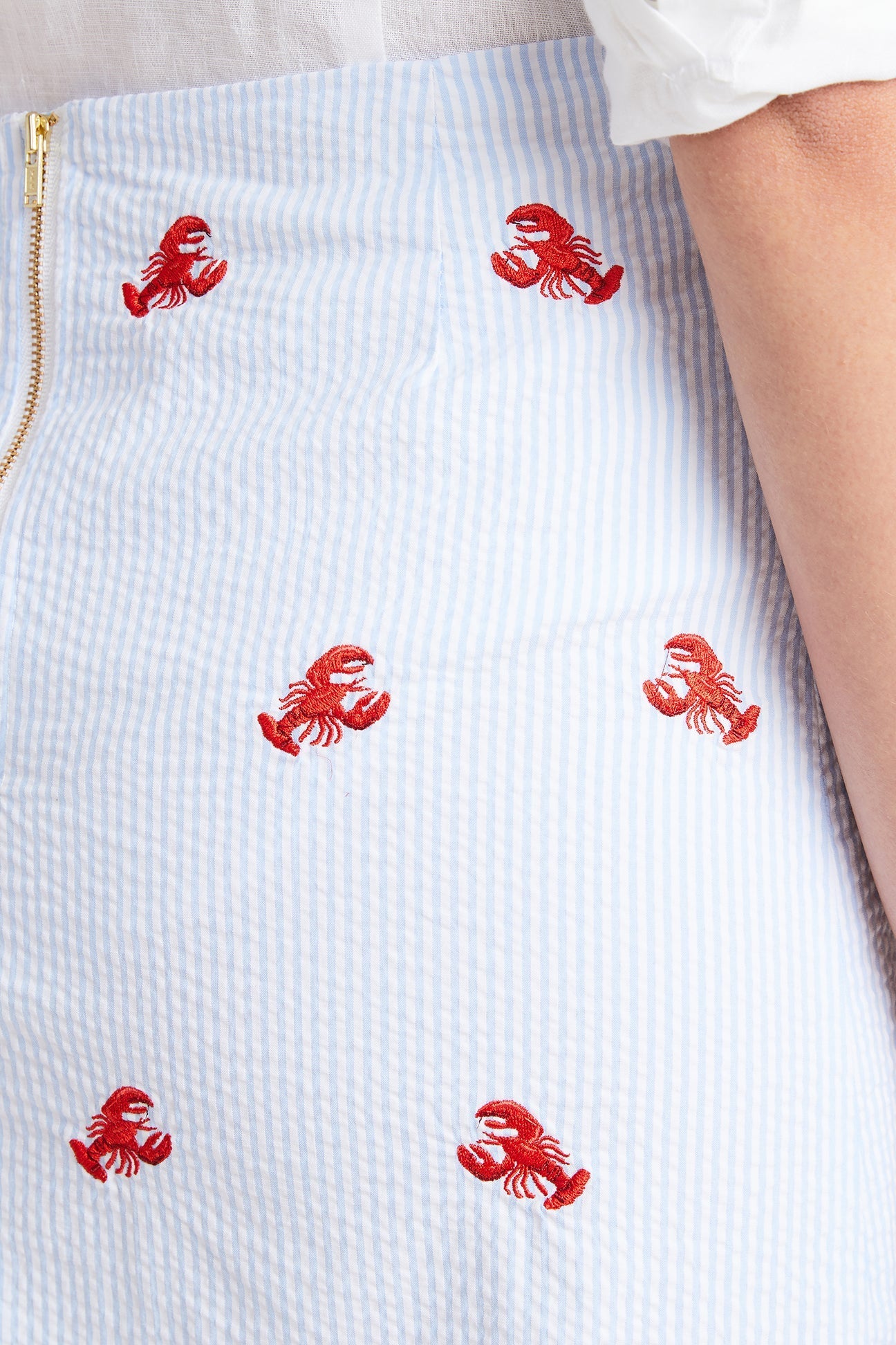 Blue Seersucker Skirt with Lobster Print - Women's Summer Casual Dress for Beach, Vacation & Outdoor Activities