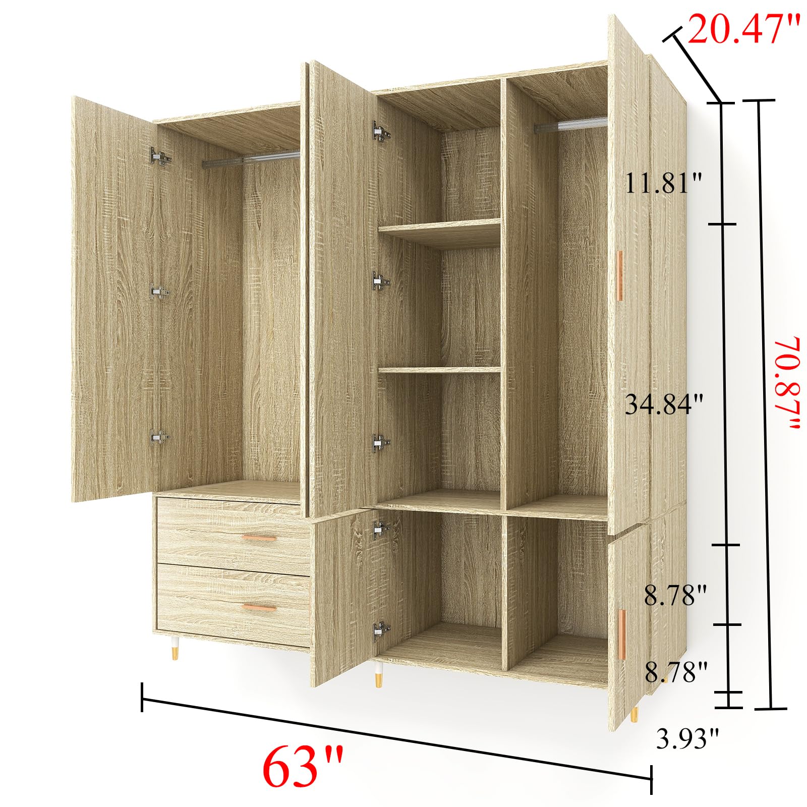 Solid Wood Freestanding Wardrobe Closet with 4 Doors, 2 Drawers & Shelves - Spacious Bedroom Storage Cabinet with 2 Hanging Rods for Clothes Organization | Perfect for Master Bedroom, Guest Room or Dormitory Storage Solution