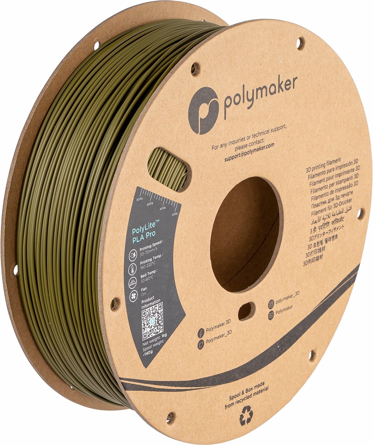 Polymaker PLA PRO Filament 1.75mm Army Green - 1kg Spool | High Strength, Tough & Rigid 3D Printing Material | Perfect for Functional Prototypes, DIY Projects & Cosplay Props