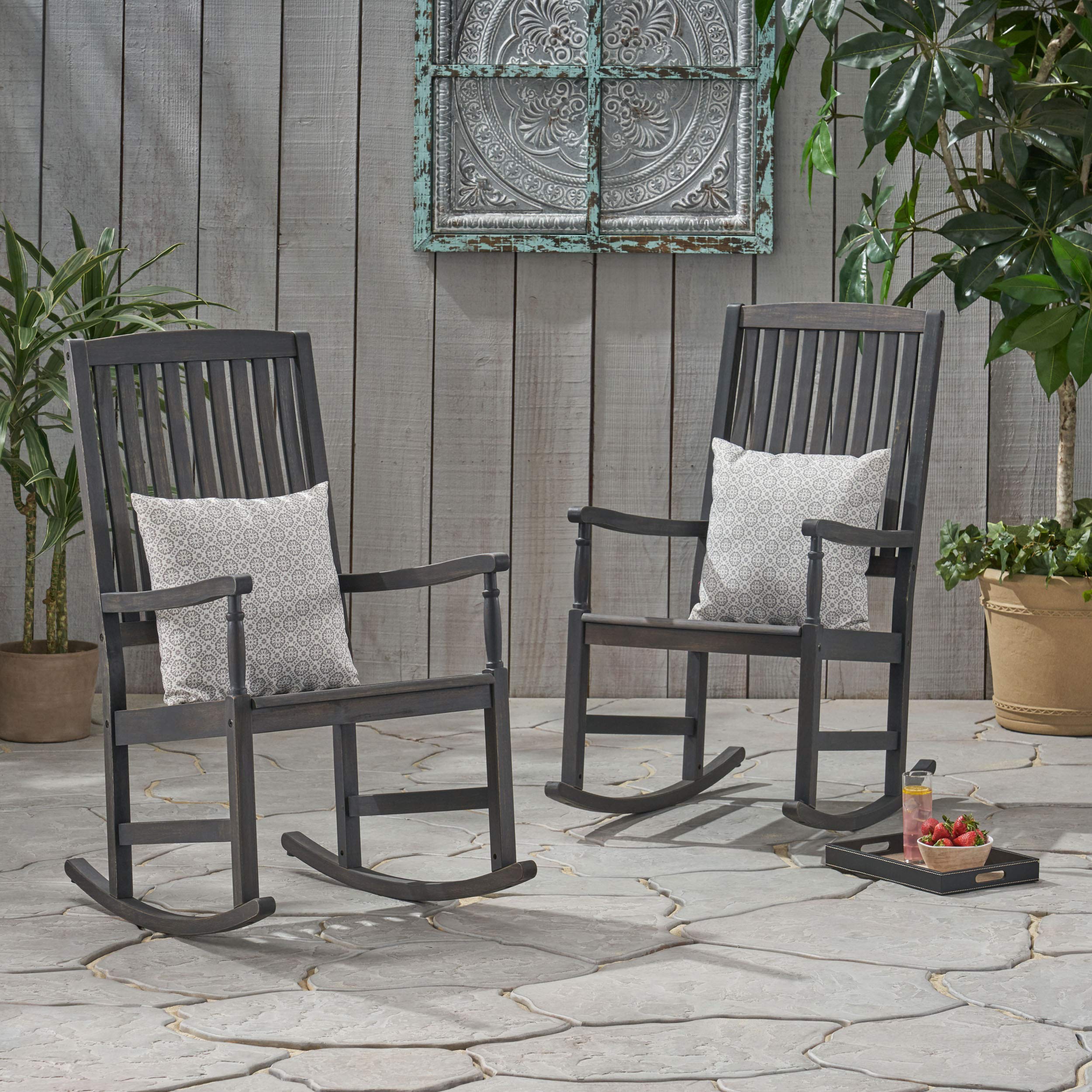Premium Acacia Wood Outdoor Rocking Chairs Set of 2 - Dark Gray Patio Furniture for Garden, Porch & Backyard Relaxation