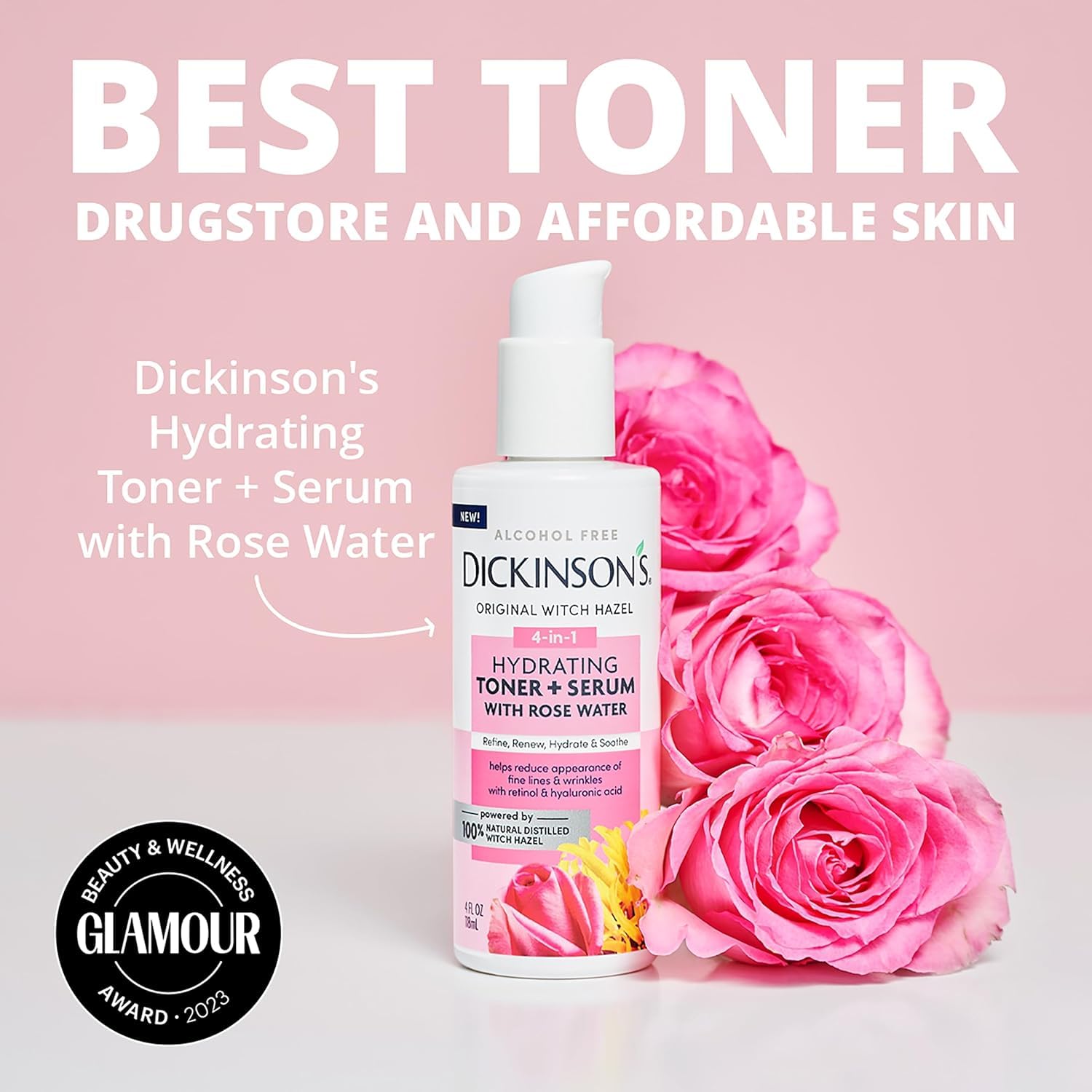Dickinson's Witch Hazel Hydrating Toner + Serum with Rose Water - Alcohol-Free Facial Toner for Acne, Pores & Oily Skin - Perfect for Daily Skincare & Post-Shave Soothing
