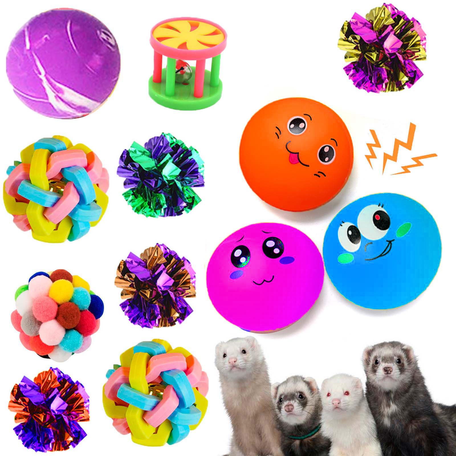 12 Pack Ferret Squeaky Chew Toys - Colorful Bouncy Rubber Balls with Bell & Mylar Crinkle Sounds - Interactive Pet Toys for Ferrets, Cats & Dogs - Perfect for Teething, Exercise & Playtime Fun