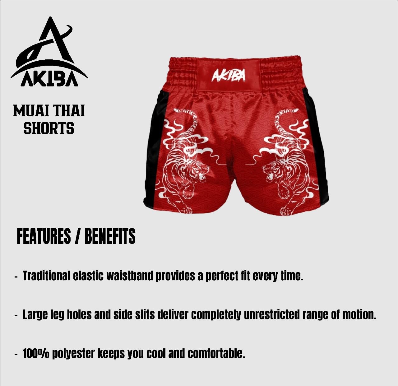 AKIBA Muay Thai Shorts - Classic Boxing, MMA & BJJ Training Shorts for Men - Lightweight & Breathable Gym Workout Shorts - Perfect for Martial Arts, Kickboxing & Fitness Training