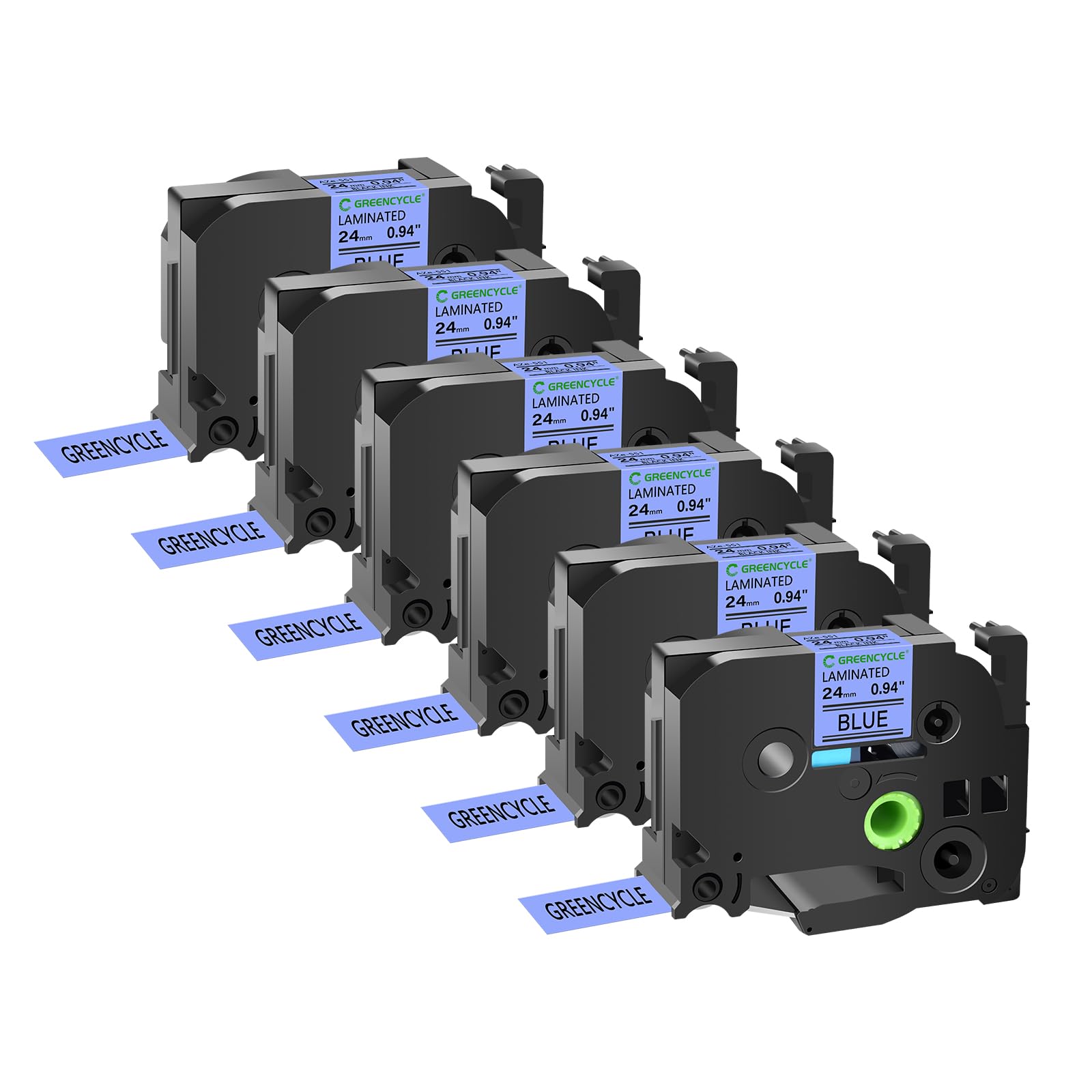 GREENCYCLE Compatible Brother P-Touch TZe-551/TZe551/AZE Tape - 24mm (0.94 Inch) Black on Blue Laminated Label Tape - Works with PT2730, PT9600, PTD600VP, PTD800W, PTH500LI, PTP700, PTP710BT, PTP750W - 6 Pack - Perfect for Office Labeling, Organizing Files & Craft Projects