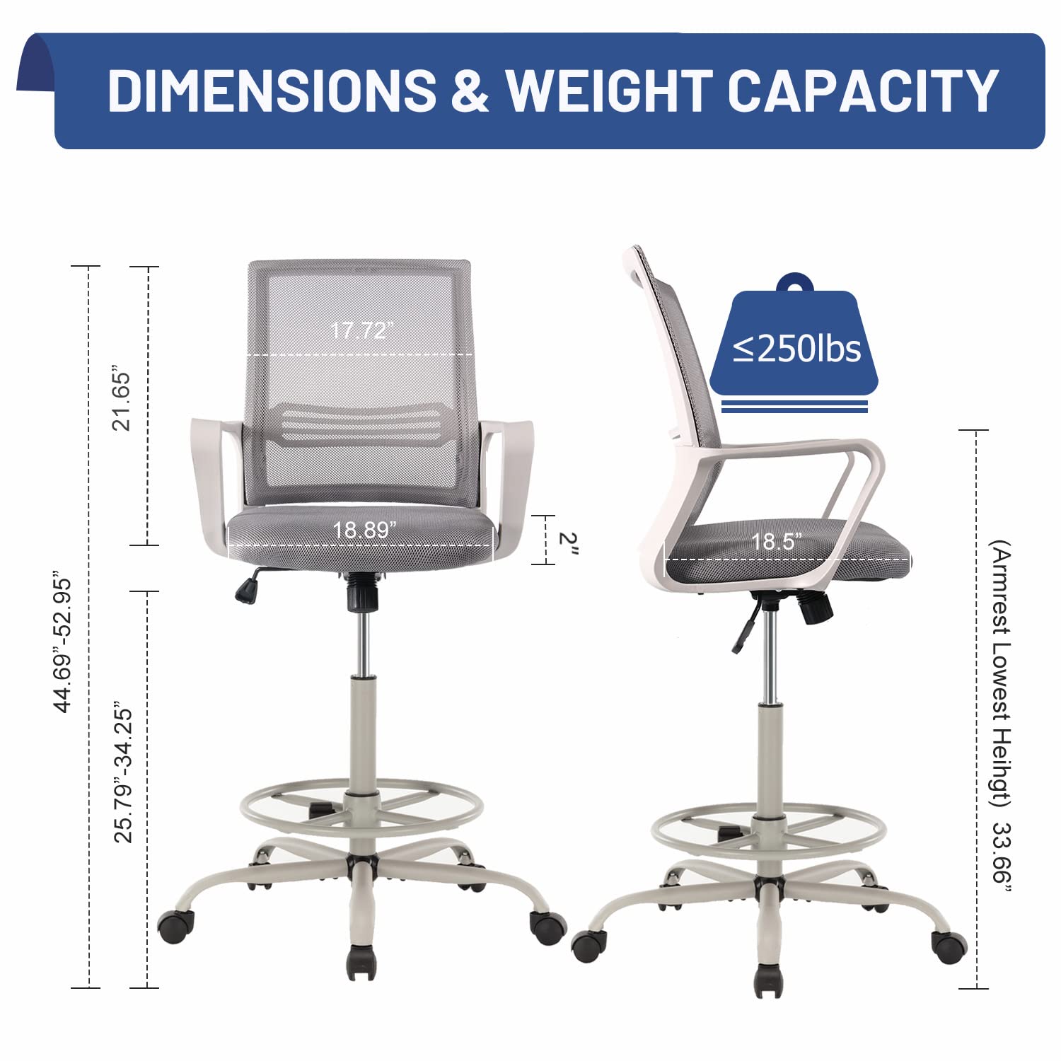 Ergonomic Drafting Chair - Adjustable Height Office Chair with Mesh Back, Armrests & Foot Ring - Tall Computer Task Chair for Standing Desks & Bar Counters - Perfect for Artists, Designers & Home Office Workspaces