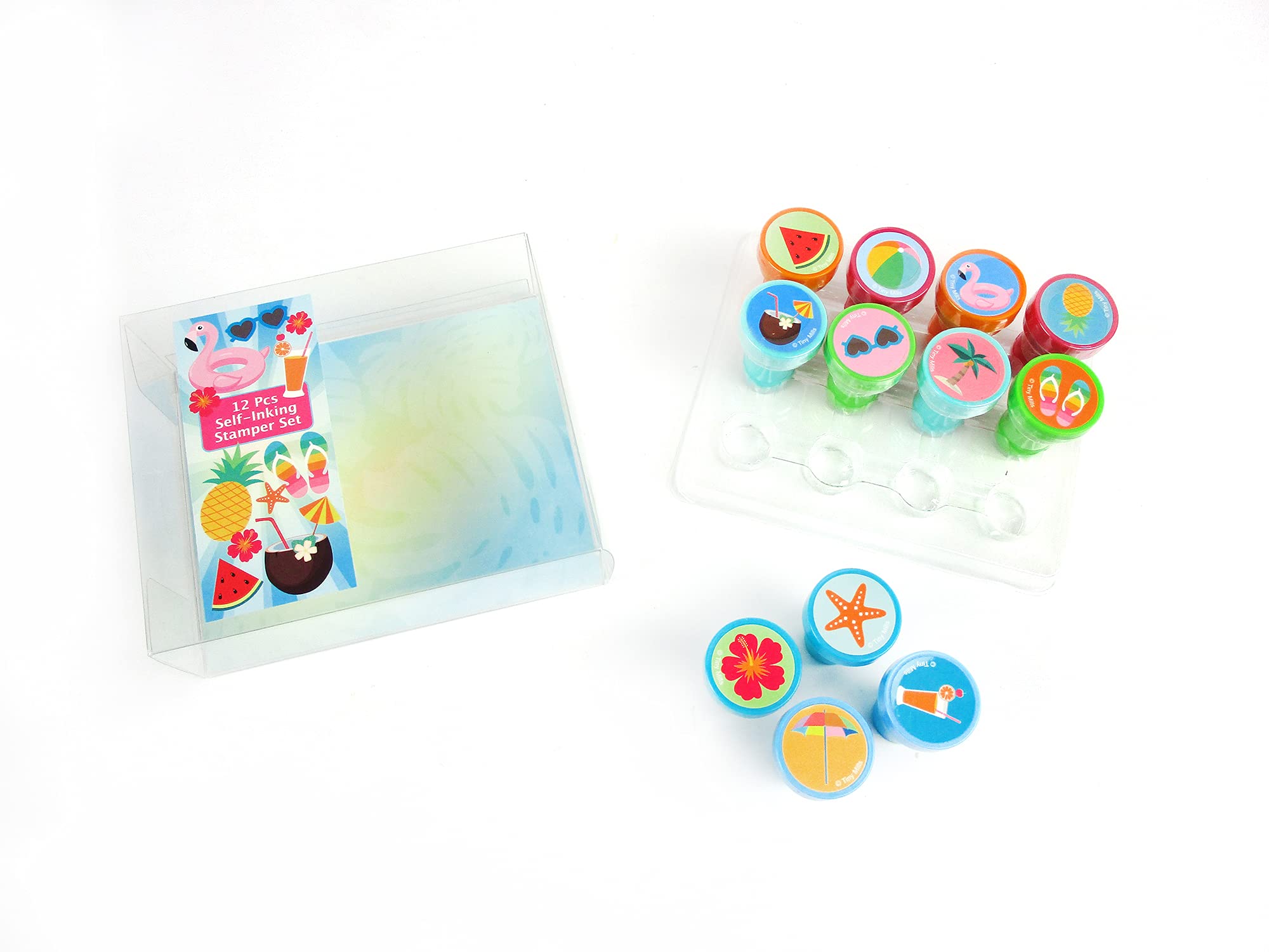 12 Pcs Summer Beach Pool Party Stamp Kit for Kids - Self Inking Stamps, Party Favors, Perfect for Birthday Celebrations, School Activities, and Creative Playtime