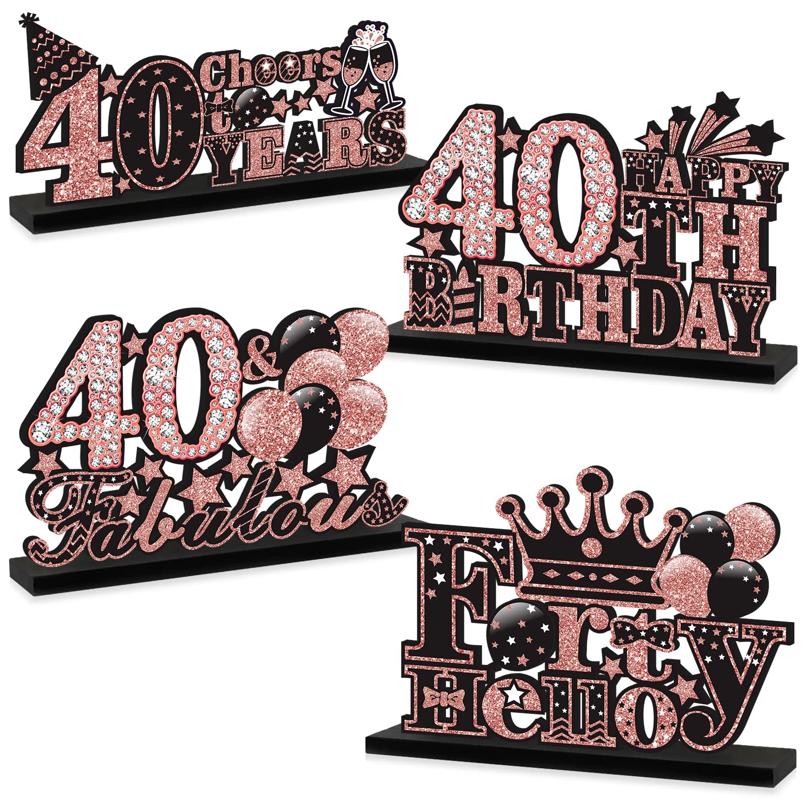 4pcs Rose Gold Pink 40th Birthday Table Decorations for Women - Wooden Centerpieces with 