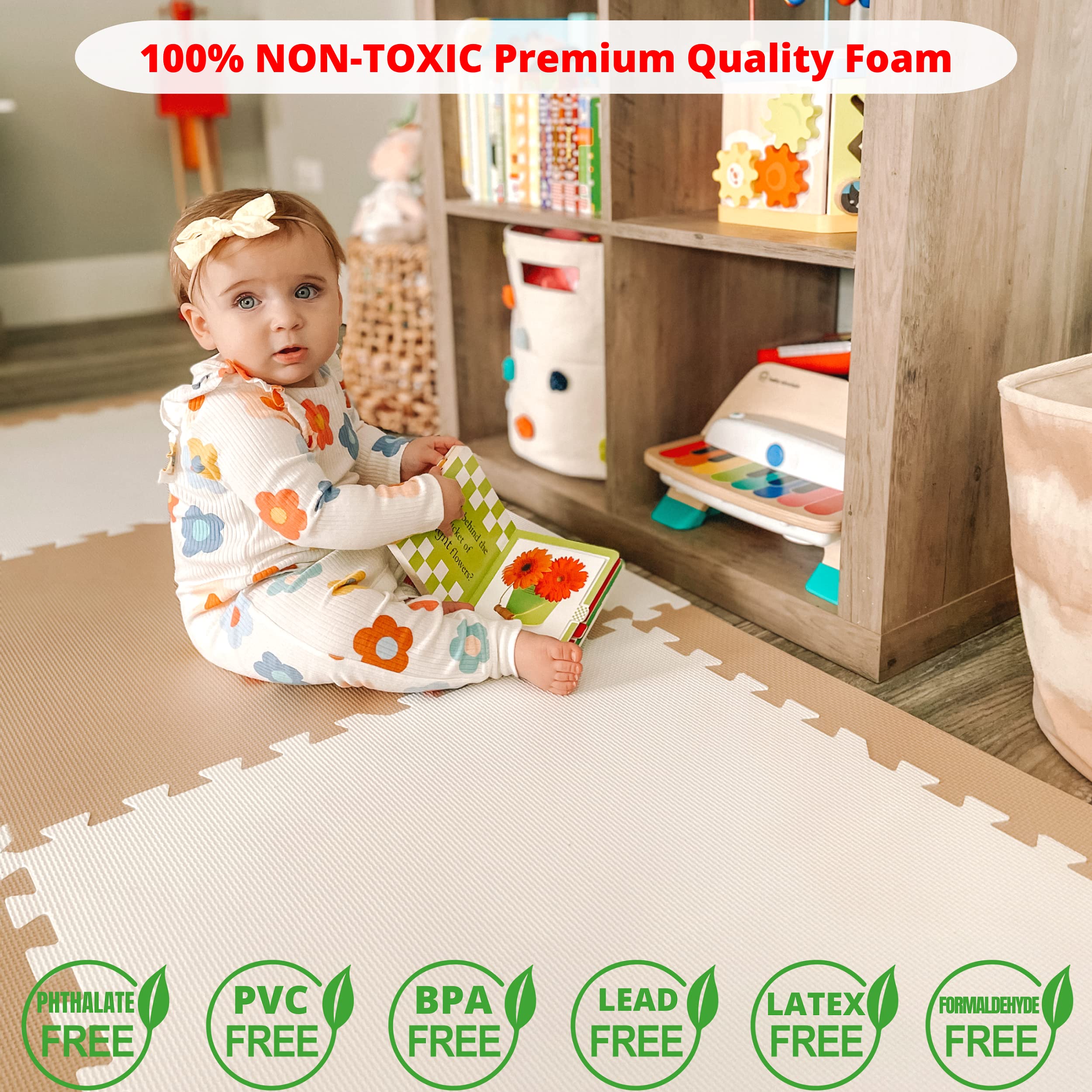 **Extra Large Baby Play Mat - 74x74 Inches Non-Toxic Foam Floor Tiles for Infants & Toddlers | Thick Interlocking Puzzle Playmat for Crawling, Tummy Time & Learning Activities (Beige/White) - Perfect for Nursery, Daycare & Playroom**