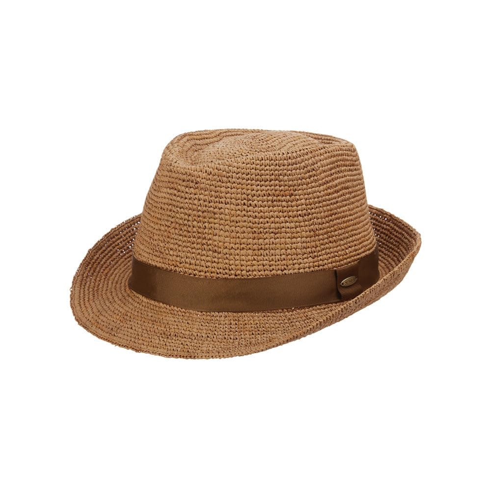 Scala Men's Crochet Raffia Fedora Hat with Decorative Ribbon - Perfect for Summer Beach, Outdoor Adventures & Casual Style
