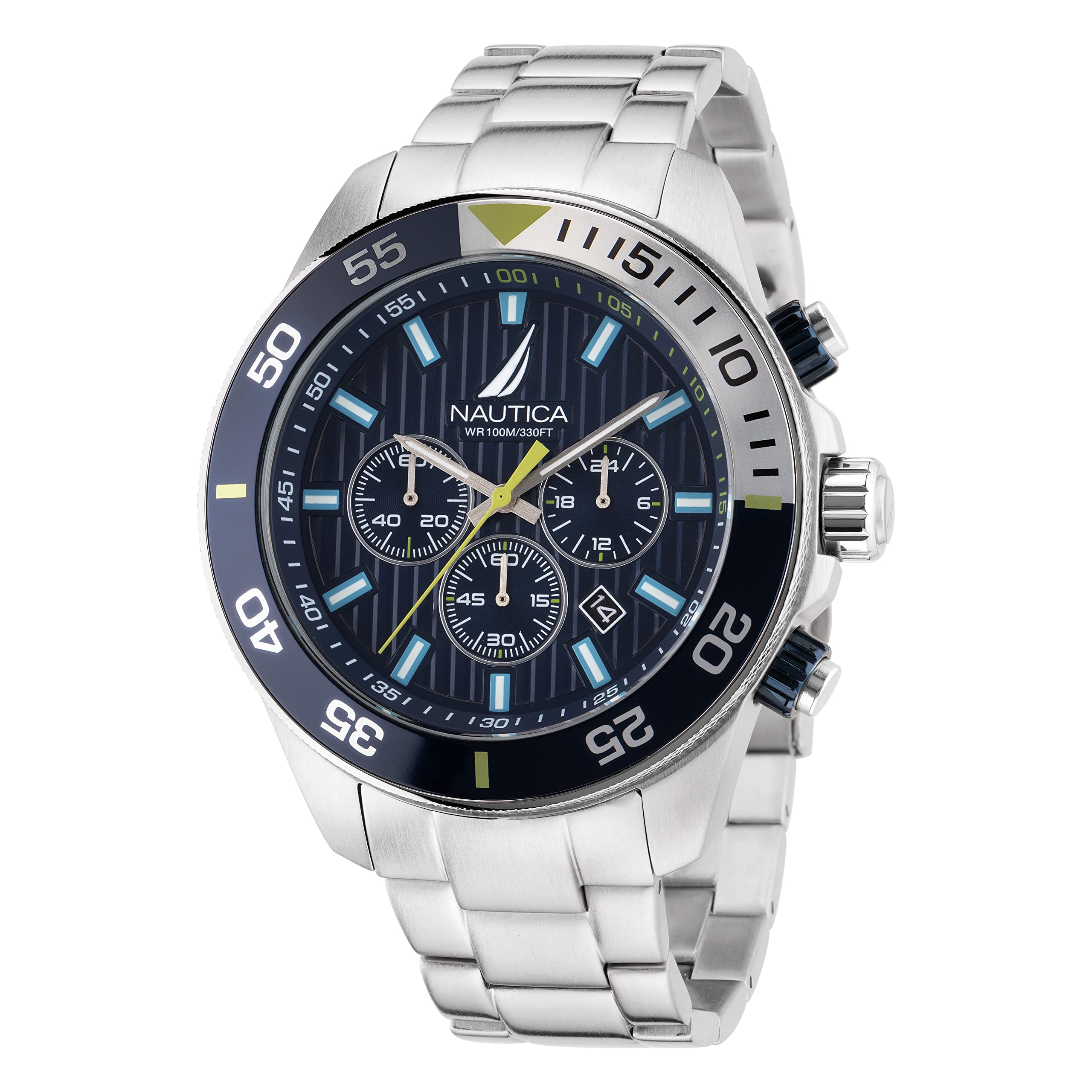 Nautica Men's NAPNOS304 Eco-Friendly Watch - 85% Recycled Stainless Steel Bracelet & Blue Silicone Strap - Waterproof Casual & Sports Watch for Everyday Wear, Outdoor Activities and Gifts