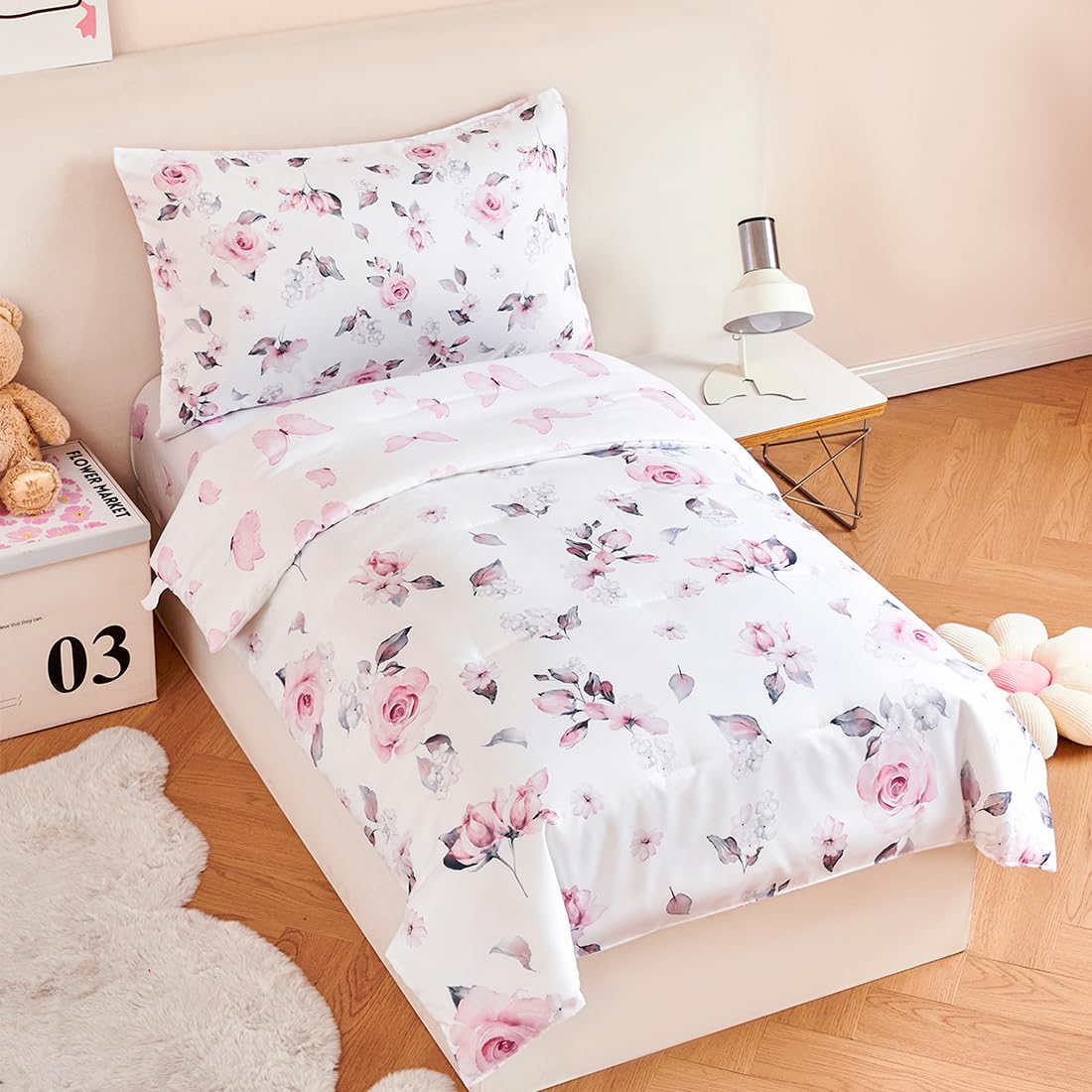 PERFEMET Floral Toddler Bedding 4-Piece Set - Pink Flower Girls Reversible Butterfly Comforter, Fitted Sheet, Flat Sheet & Pillowcase - Soft Nursery Crib Bedding for Baby & Toddler Rooms - Perfect for Girls' Bedrooms, Daycare & Gift Giving