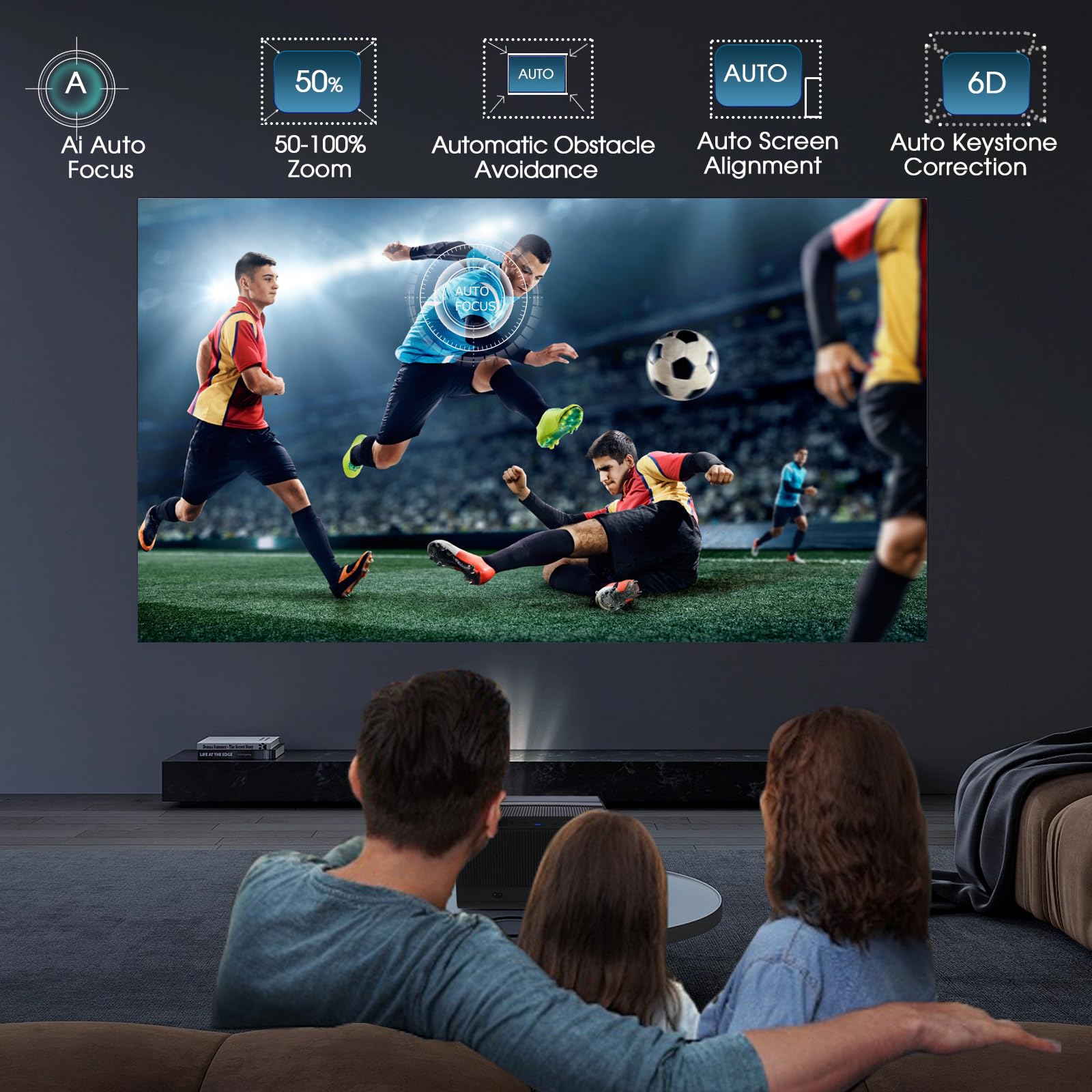 1080P 4K WiFi Bluetooth Projector with Auto Focus & Keystone Correction, Dual Built-in Speakers - Home Theater & Outdoor Movie Projector for iPhone Android Smartphone PC TV Stick Gaming Console | Perfect for Backyard Movie Nights & Home Entertainment