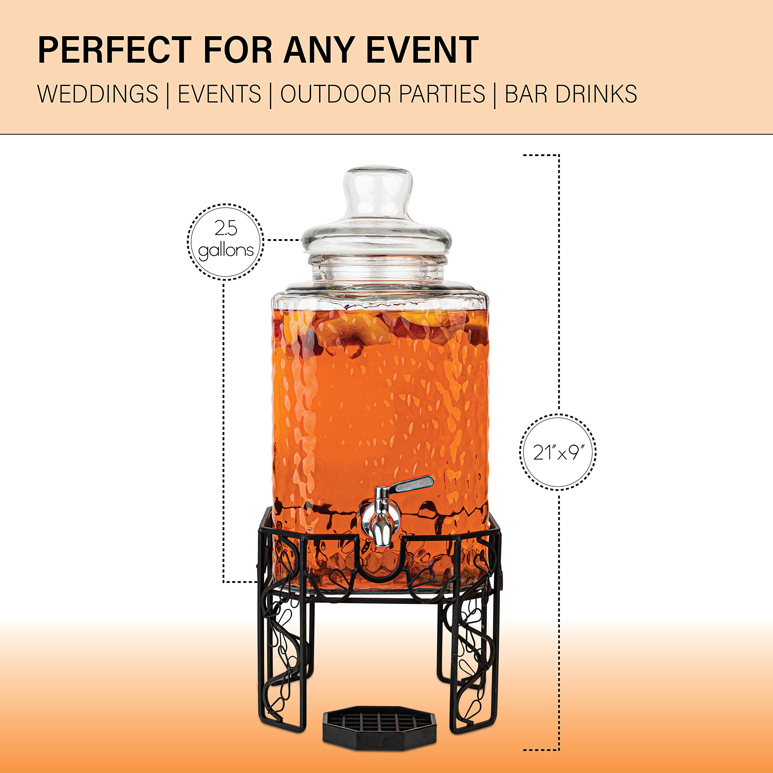 2.5 Gallon Glass Beverage Dispenser with Stainless Steel Spigot, Metal Stand & Drip Tray - Mason Jar Style Drink Dispenser for Parties, Weddings, BBQs - Perfect for Iced Tea, Lemonade, Water & Punch - Great for Outdoor Events, Catering & Home Entertaining