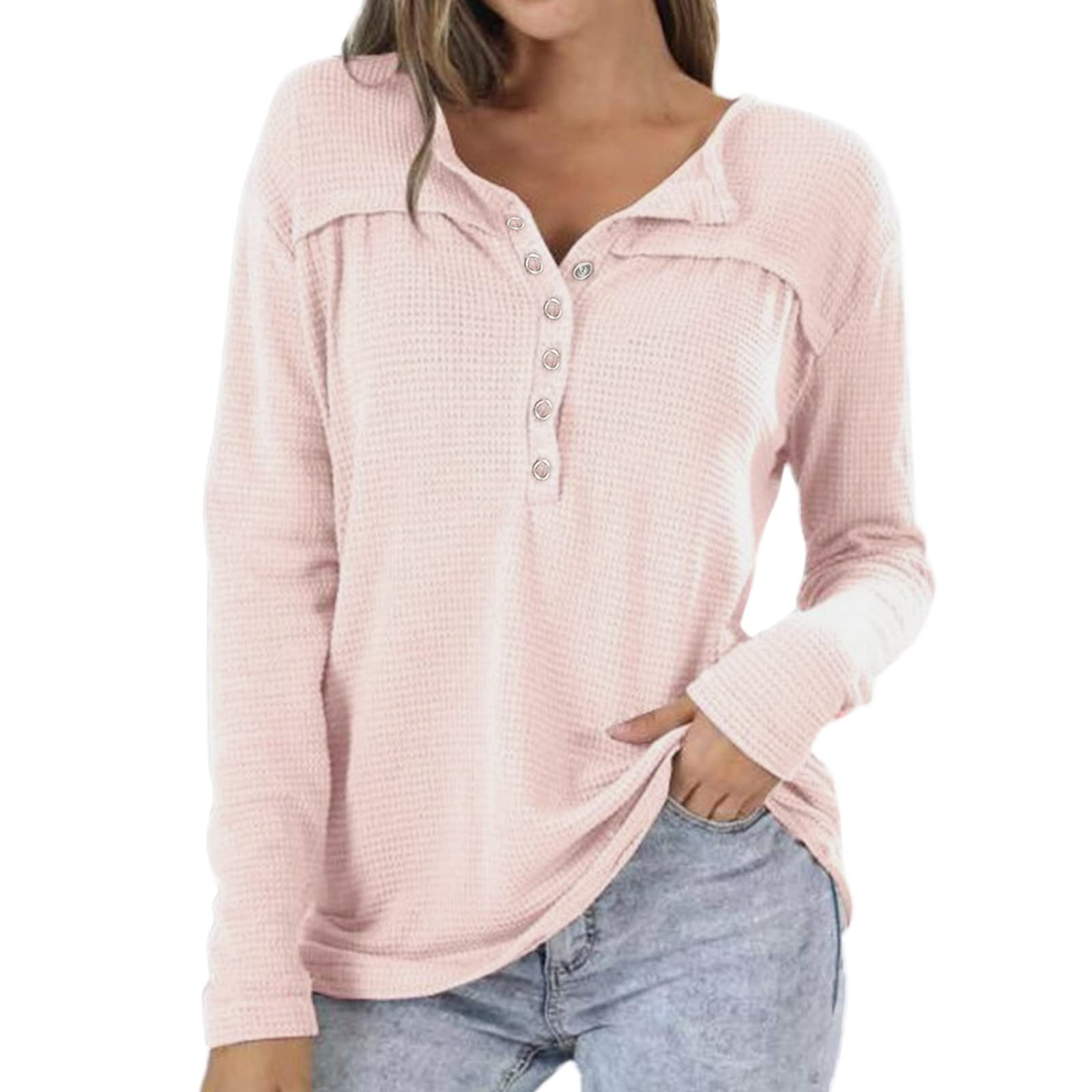 Women's Casual Long Sleeve Button Up Shirt - Loose Fit Hollow Out Round Neck Basic Tee Top for Everyday Wear, Office & Date Night Outfits