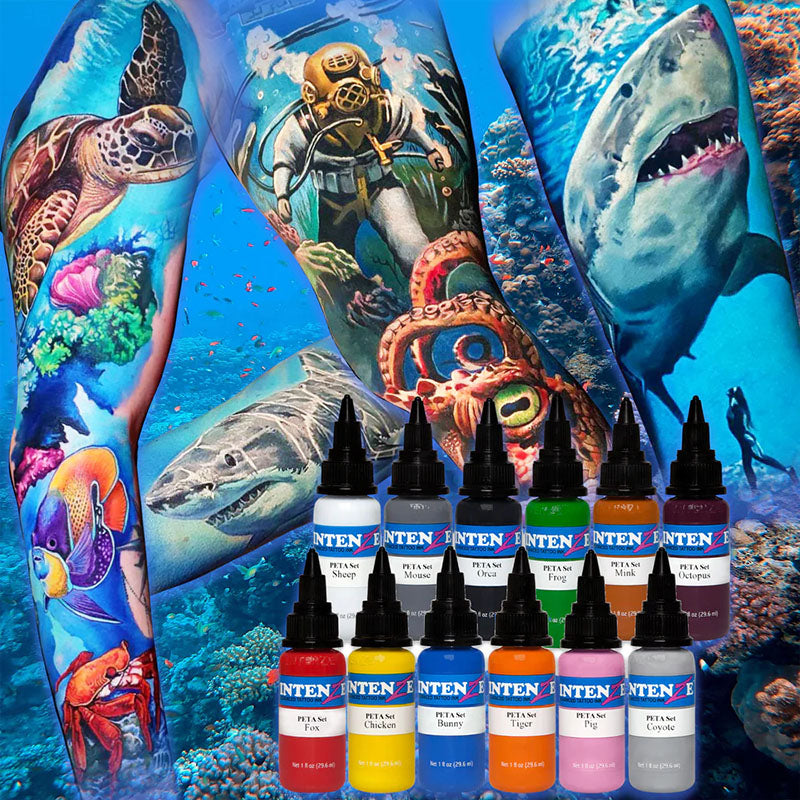 Intenze 12 Color PETA Approved Vegan Tattoo Ink Set - Professional Safe Body Art Supplies for Animal Lovers & Tattoo Artists