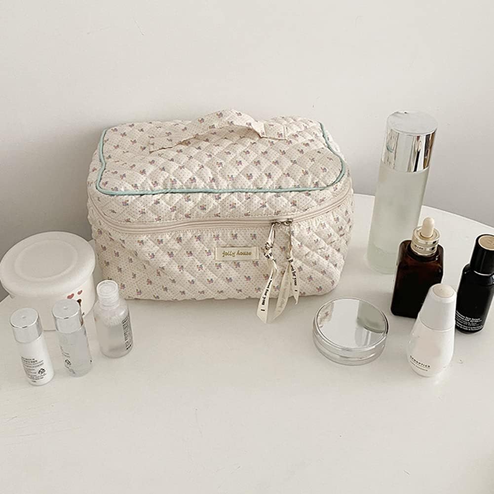 Floral Cotton Makeup Bag for Women & Girls - Large Quilted Travel Cosmetic Pouch, Cute Coquette Aesthetic Toiletry Organizer - Perfect for Travel, Gym, and Daily Beauty Essentials