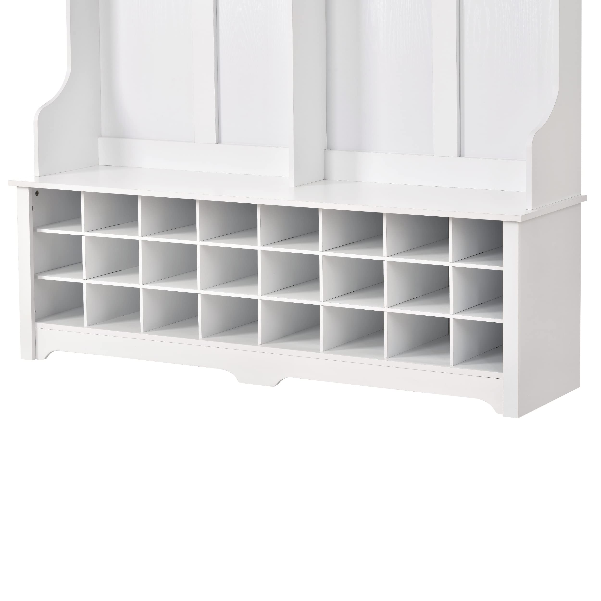 Polibi Hall Tree Storage Bench - Coat Rack with Black Metal Hooks, Entryway Bench with 24 Shoe Grids - White Entryway Organizer for Hallway, Living Room & Bedroom - Perfect for Small Space Organization & Home Decor