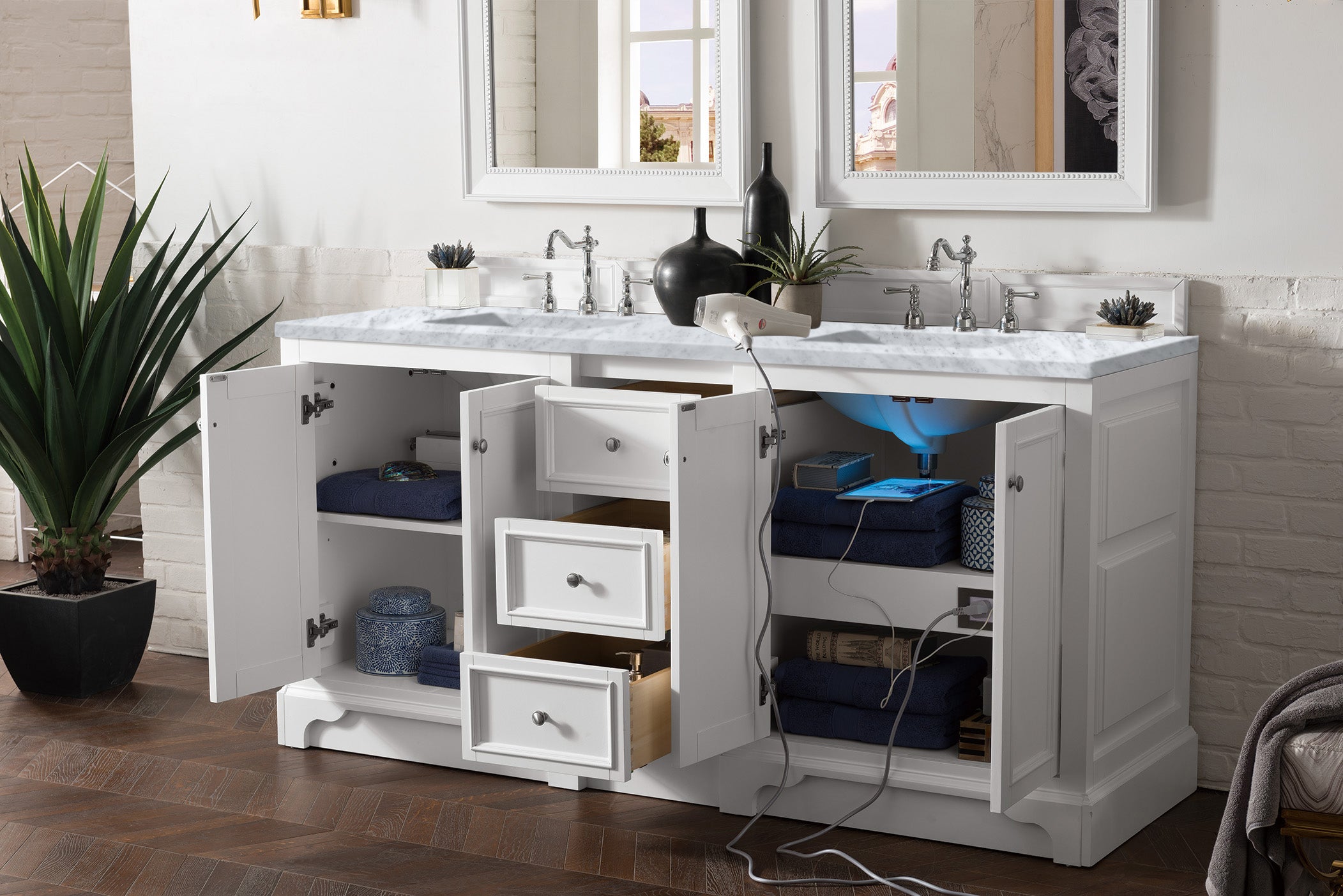 De Soto 72 Inch Double Bathroom Vanity with Bright White Finish & 3CM Carrara Marble Top - Perfect for Master Bathroom Renovation & Modern Home Decor
