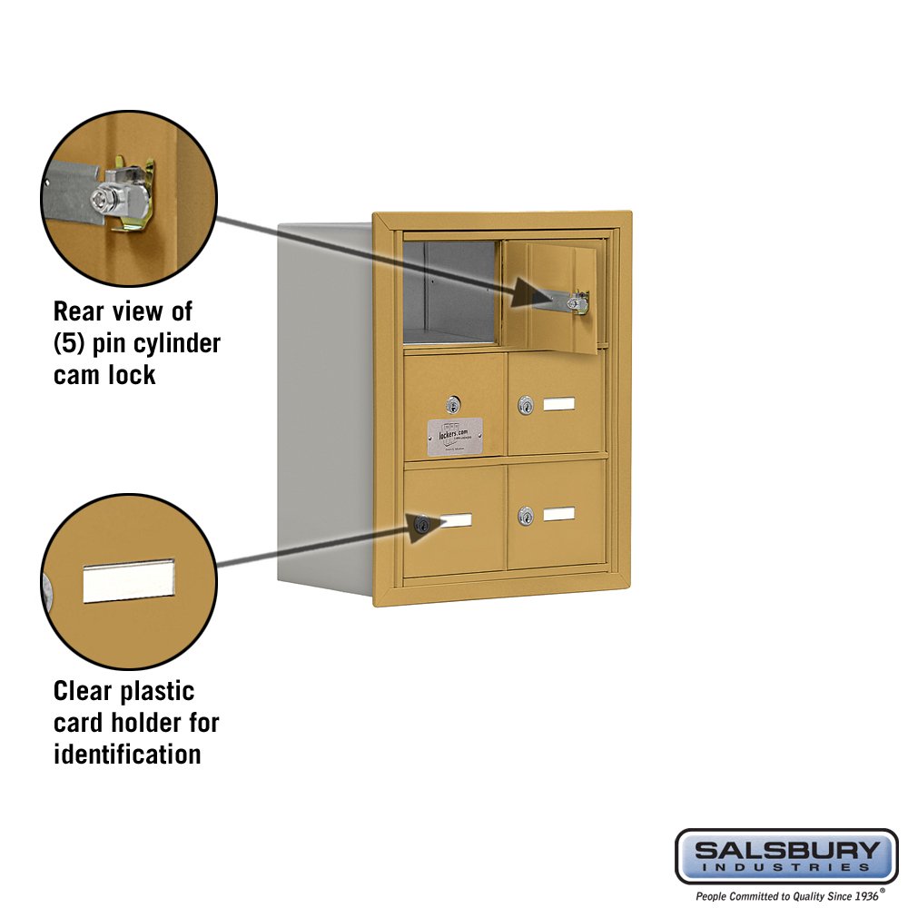 Salsbury Industries 19138-06GRK 3-Unit Recessed Mounted Cell Phone Access Panel with Keyed Locks & 8-Inch Diameter Compartments in Gold - Secure Storage for Offices, Schools, and Public Spaces