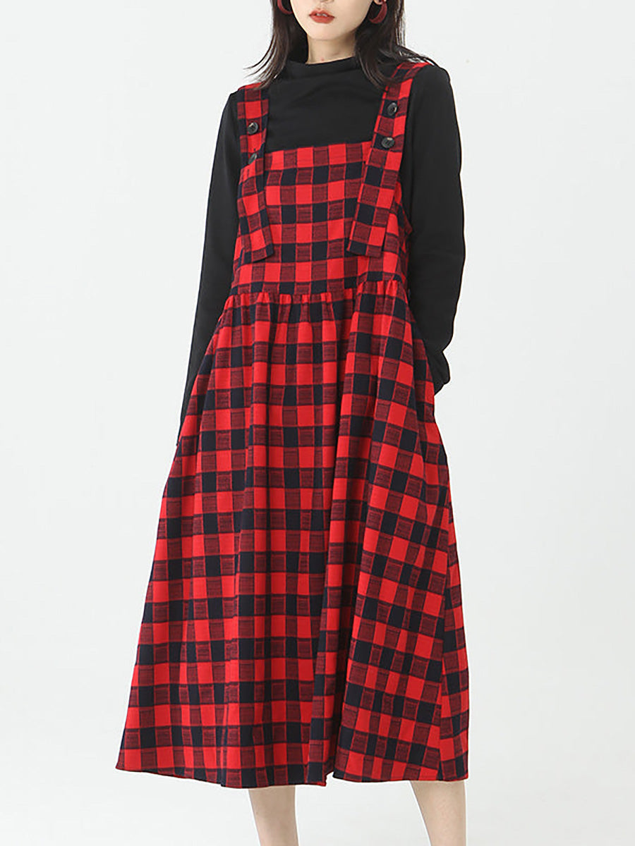 Plus Size Cotton Women's Top and Plaid Pinafore Dress Set - Comfortable & Stylish Outfit for Casual Wear, Work, and Special Occasions