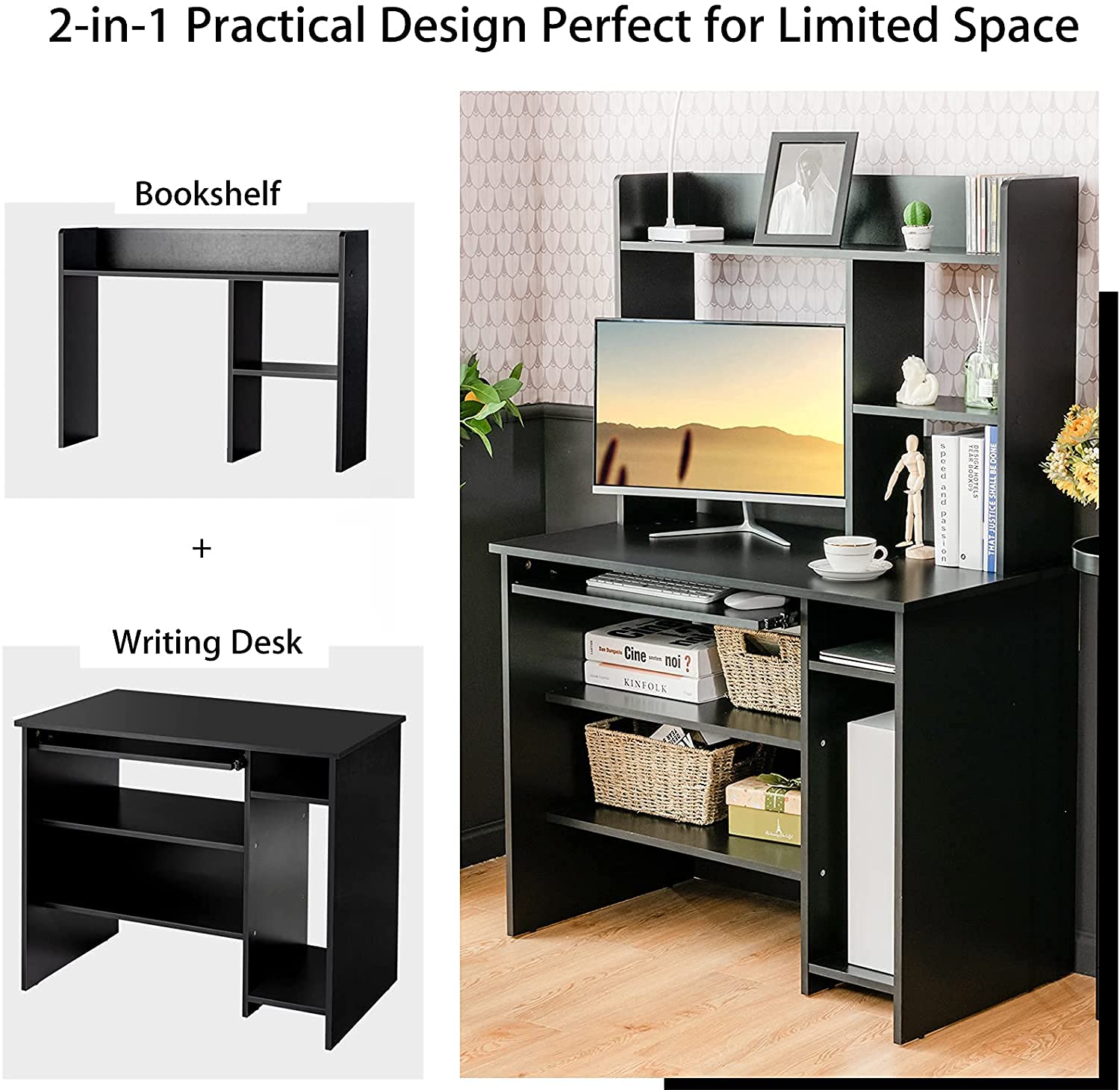 CHEFJOY Modern Computer Desk with Hutch & Bookshelf - Wooden Study Writing Desk with Storage Shelves, Home Office Laptop Table with Keyboard Tray - Space-Saving Design for Small Spaces (Black) | Perfect for Home Office, Study Room & Small Apartments