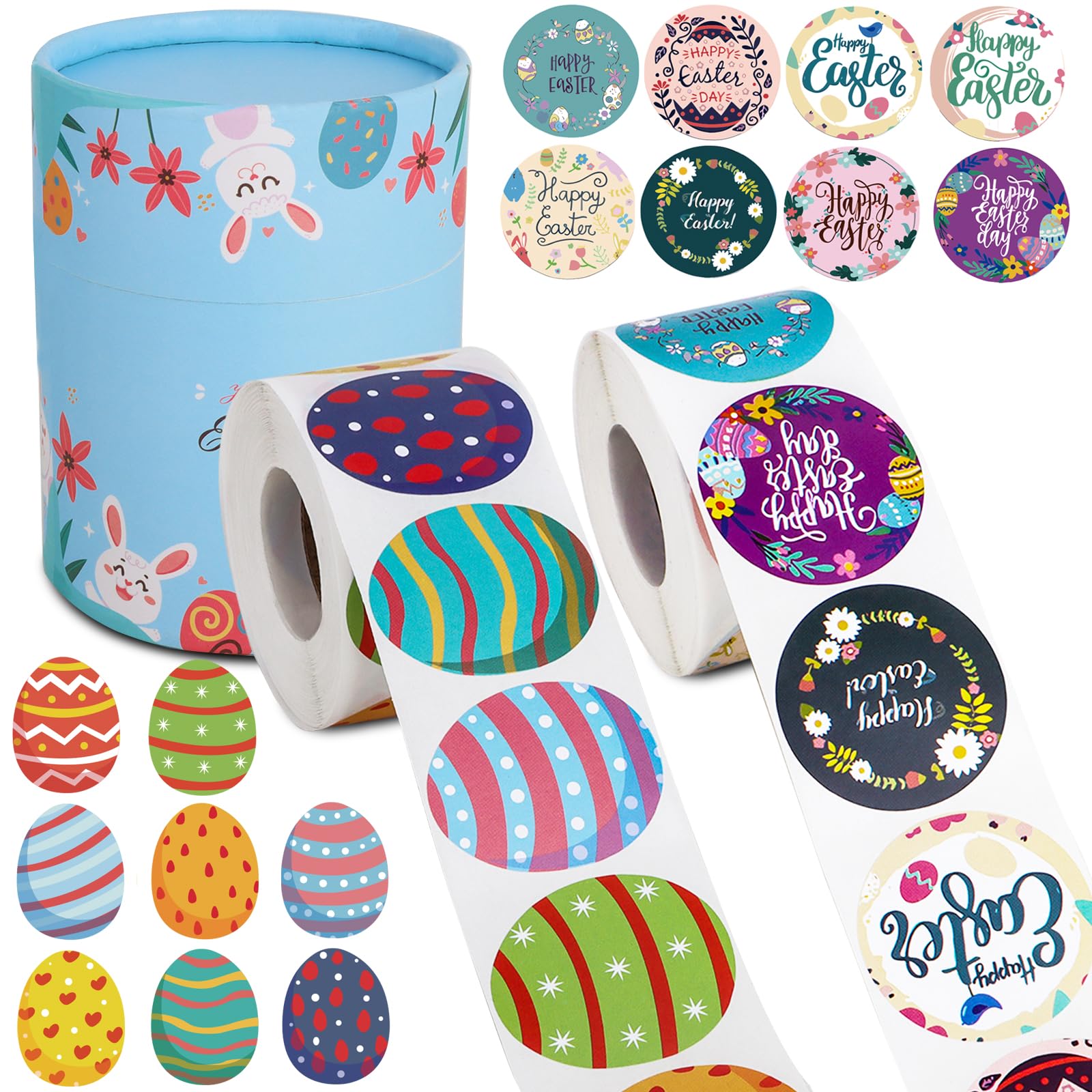 1000PCS Easter Stickers Bulk - 1.5 Inch Round Egg & Bunny Stickers with 16 Designs, Self-Adhesive Easter Decals for Kids, Cards, Envelopes, Gifts & Party Decorations - Perfect for Easter Crafts, Scrapbooking & Spring Celebrations