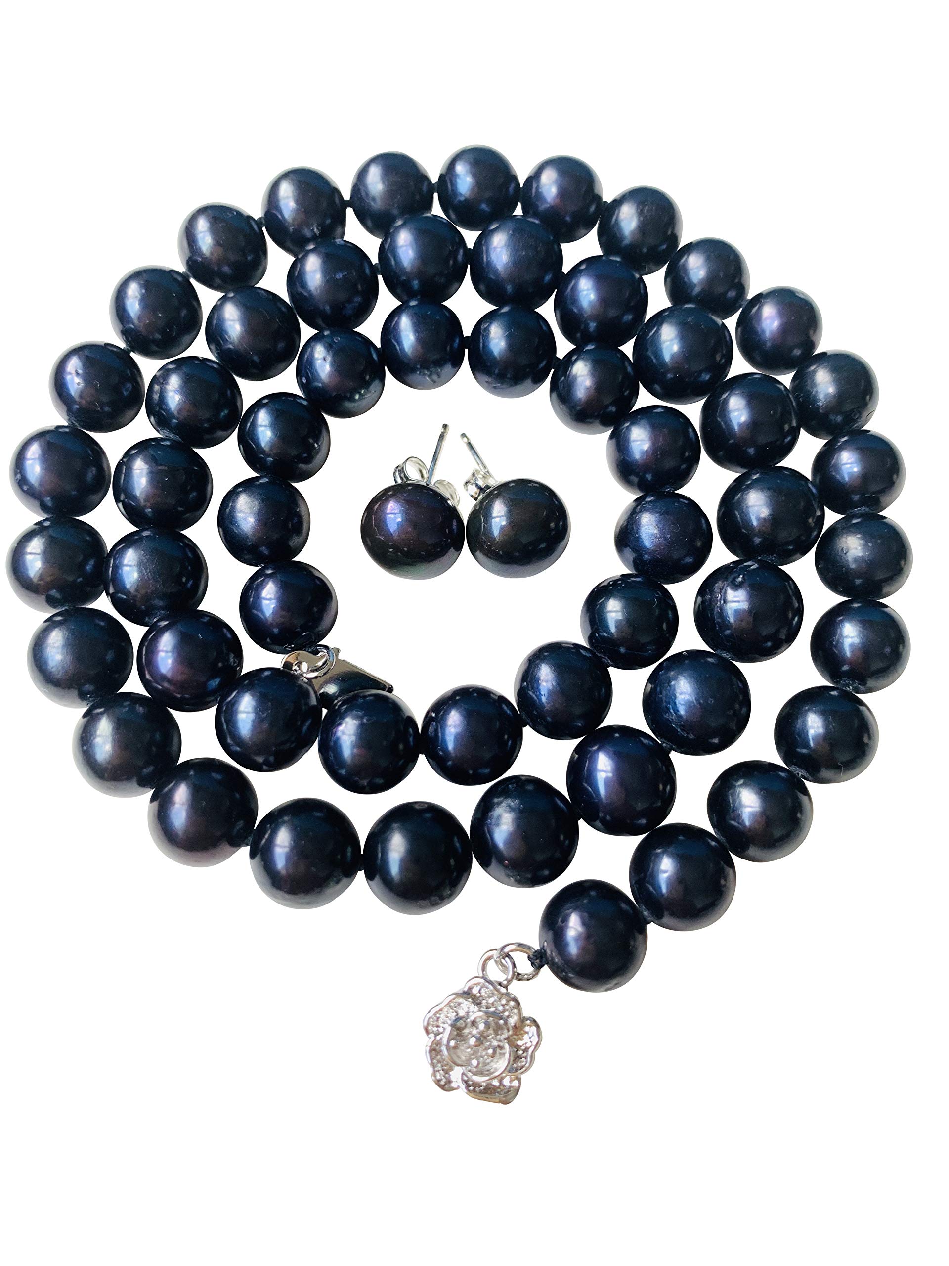 Pearl Romance II Round Black Pearl Necklace & Stud Earrings 2-Piece Jewelry Set for Women - Genuine Cultured Freshwater Pearls - Perfect for Weddings, Brides, Bridesmaids & Special Occasions