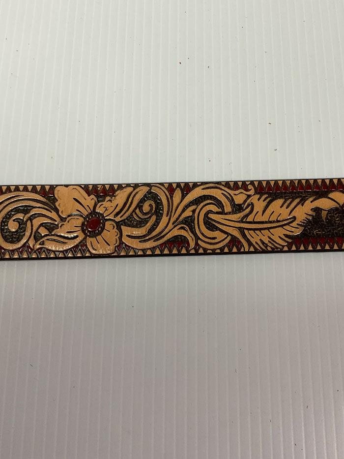 Hooey HWBLT004 Women's Western Belt with Feather & Floral Filigree Embossed Design, Natural Brown & Red Leather with Floral Tongue Buckle - Perfect for Cowgirl Boots, Jeans & Country Style Outfits