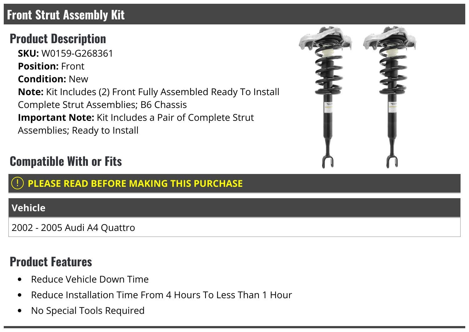High-Quality Front Strut and Coil Spring Assembly Set of 2 - Compatible with 2002-2005 Audi A4 Quattro (B6 Chassis) | Durable Suspension Replacement for Smooth Ride | Perfect for Daily Commuting & Off-Road Adventures