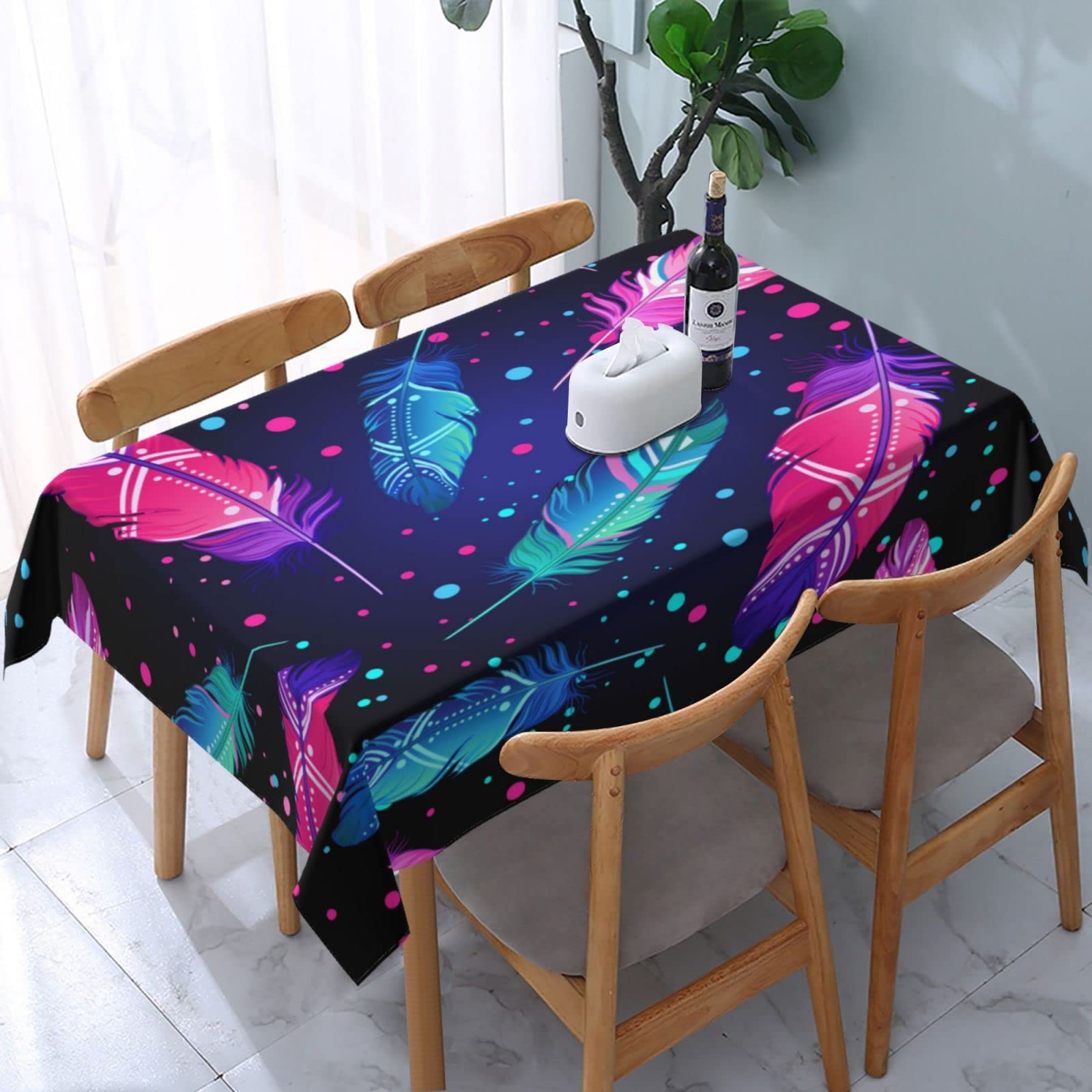 Colorful Feather Rectangle 54 x 72 Inch Waterproof Tablecloth - Wrinkle-Resistant Dining Table Cover for Kitchen, Parties, Weddings & Thanksgiving - Perfect for Indoor/Outdoor Decor & Holiday Gatherings