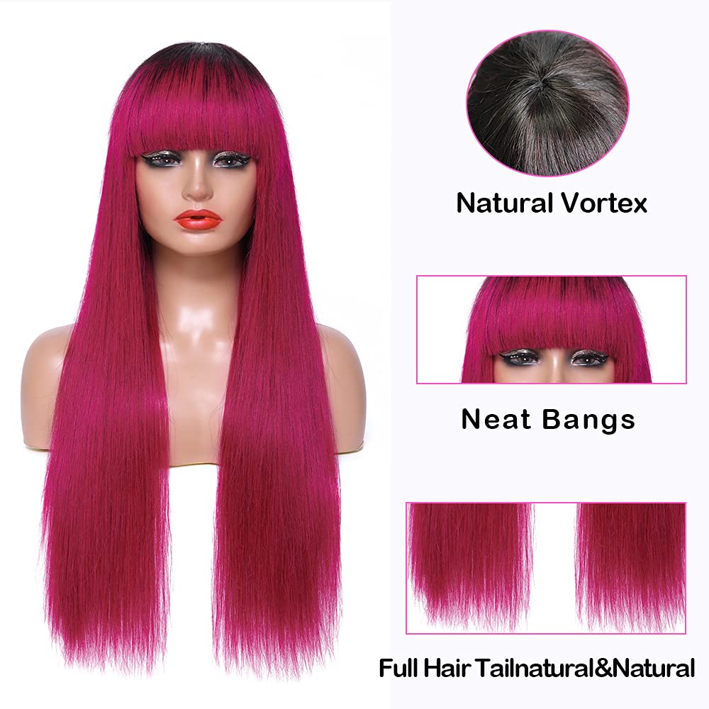 REMY Ombre Burgundy Red Glueless Human Hair Wigs - 20 Inch Brazilian Virgin Hair with Pre-Plucked Baby Hair, Non-Lace Straight Colored Wigs for Women | Perfect for Daily Wear, Cosplay & Special Occasions