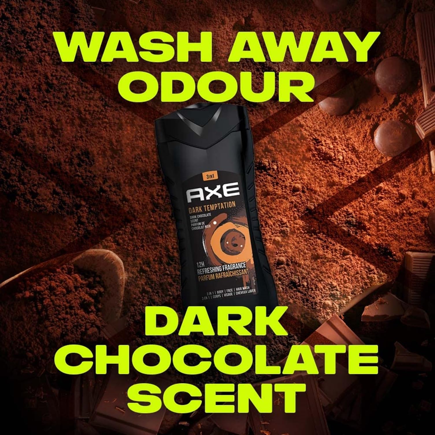Axe Dark Temptation 3-in-1 Body Wash, Face Wash & Shampoo for Men - Long Lasting Dark Chocolate Scent, Natural Ingredients, Odor & Bacteria Protection, Dermatologist Tested (400ml) - Perfect for Gym, Travel & Daily Shower Routine