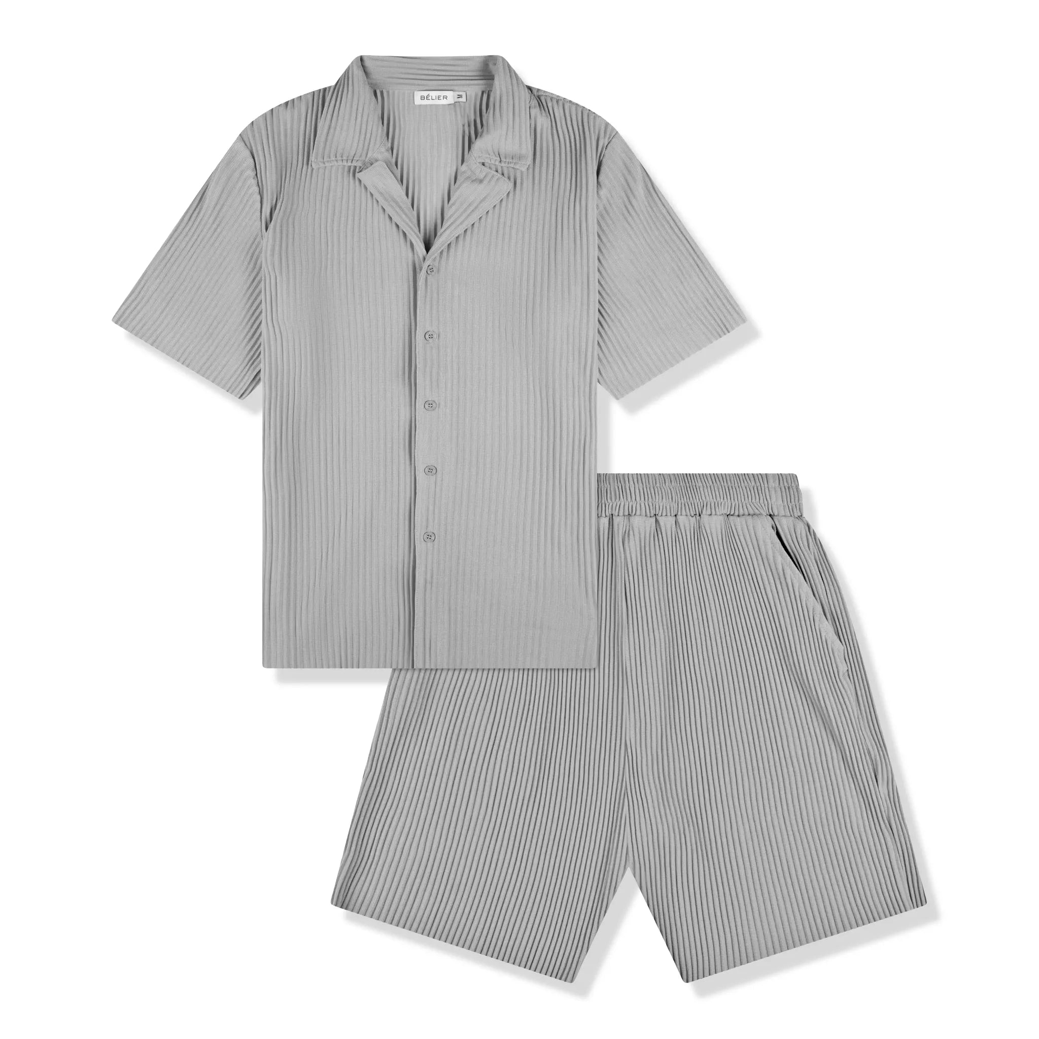 Belier Pleated Light Grey Resort Shirt & Shorts Set - Stylish Summer Vacation Outfit for Men, Beachwear, Tropical Holiday, Poolside Lounge & Casual Wear