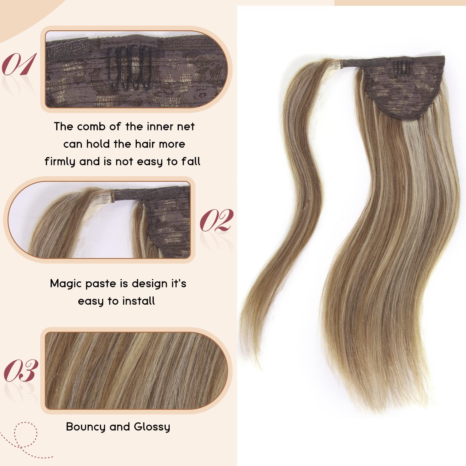 Tinashe 20inch Remy Human Hair Ponytail Extension - Light Brown & Bleach Blonde Wrap Around Pony Tail Hairpiece for Women (#P10/613) | Perfect for Parties, Weddings & Everyday Styling
