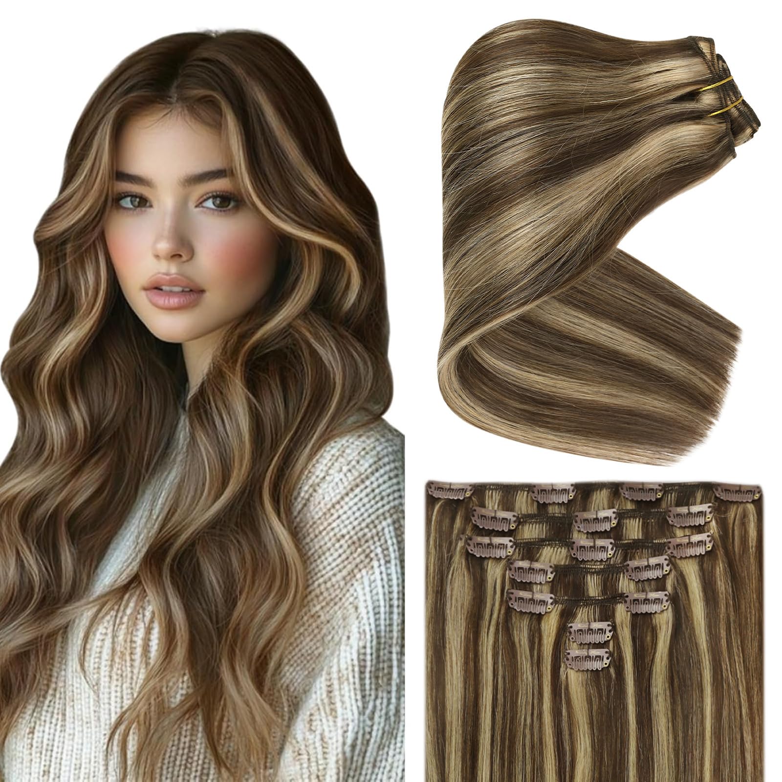 Ve Sunny Clip-in Hair Extensions – 100% Real Human Hair, Blonde & Dark Brown with Caramel Highlights, Double Weft, 7-Piece Set (120g, 22 Inch) – Perfect for Volume, Length & Styling for Parties, Weddings & Everyday Wear