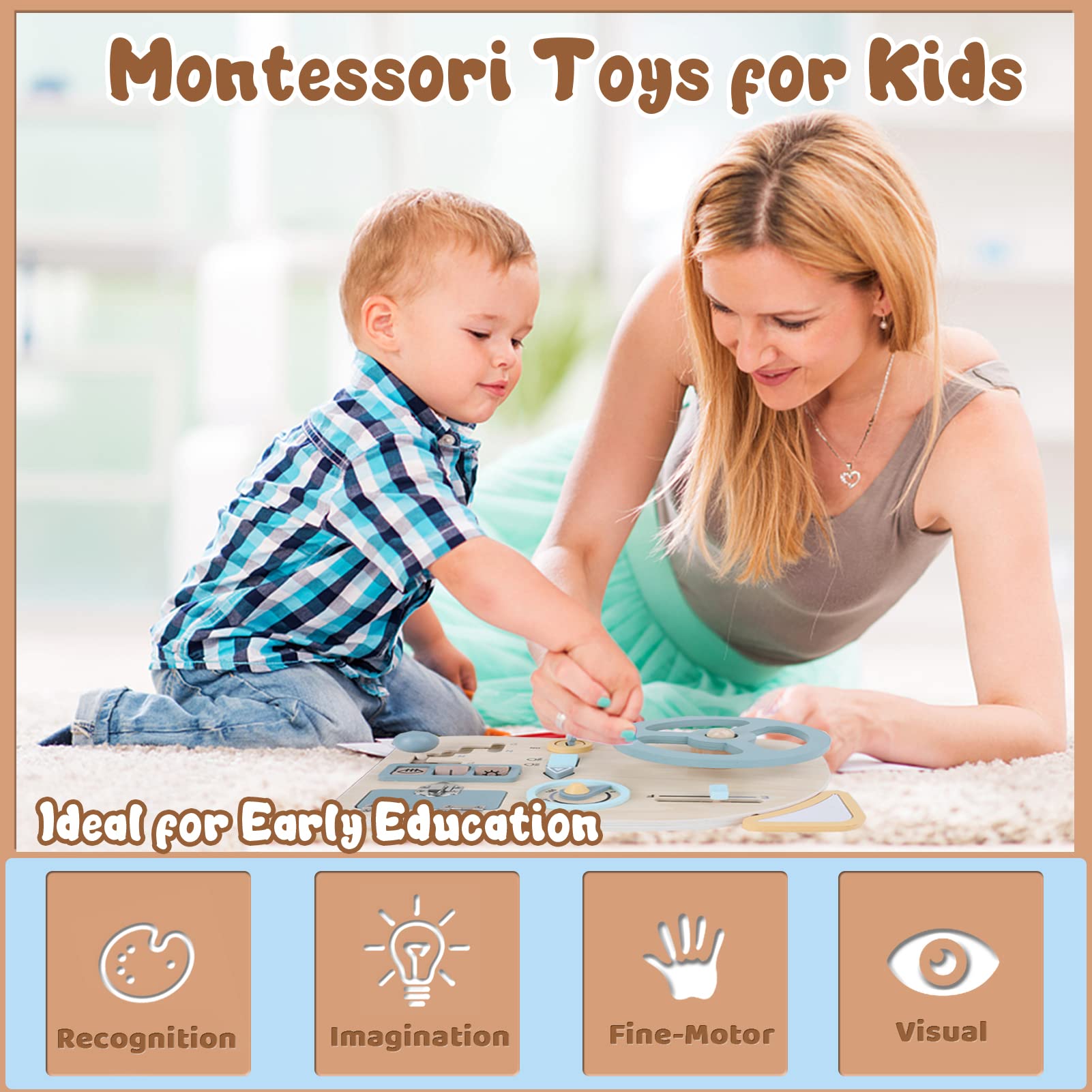 TEUVO Montessori Busy Board Steering Wheel Toy - Wooden Sensory Travel Toy for Toddlers 3-6 Years Old | Fine Motor Skills Learning Toy | Perfect Gift for Preschool Kids | Great for Car Rides, Airplane Travel & Montessori Classroom Activities