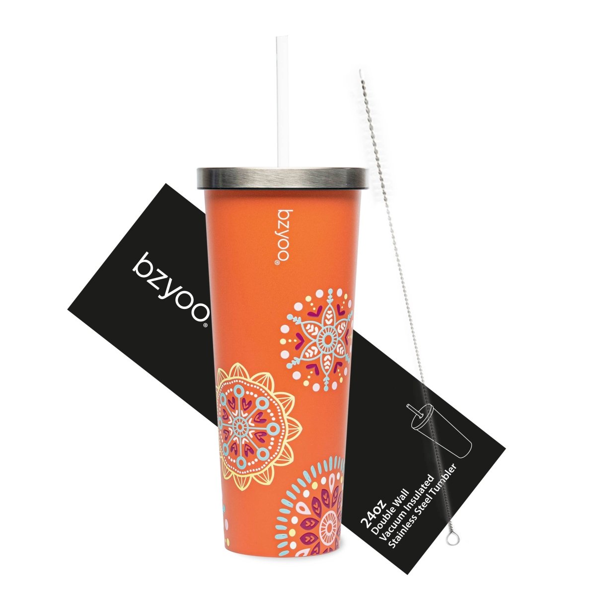 24oz Double Wall Vacuum Insulated Stainless Steel Tumbler with Straw Lid - Orange Madallion Design | Leakproof Travel Mug for Coffee, Tea & Cold Drinks | Perfect for Office, Gym & Outdoor Activities