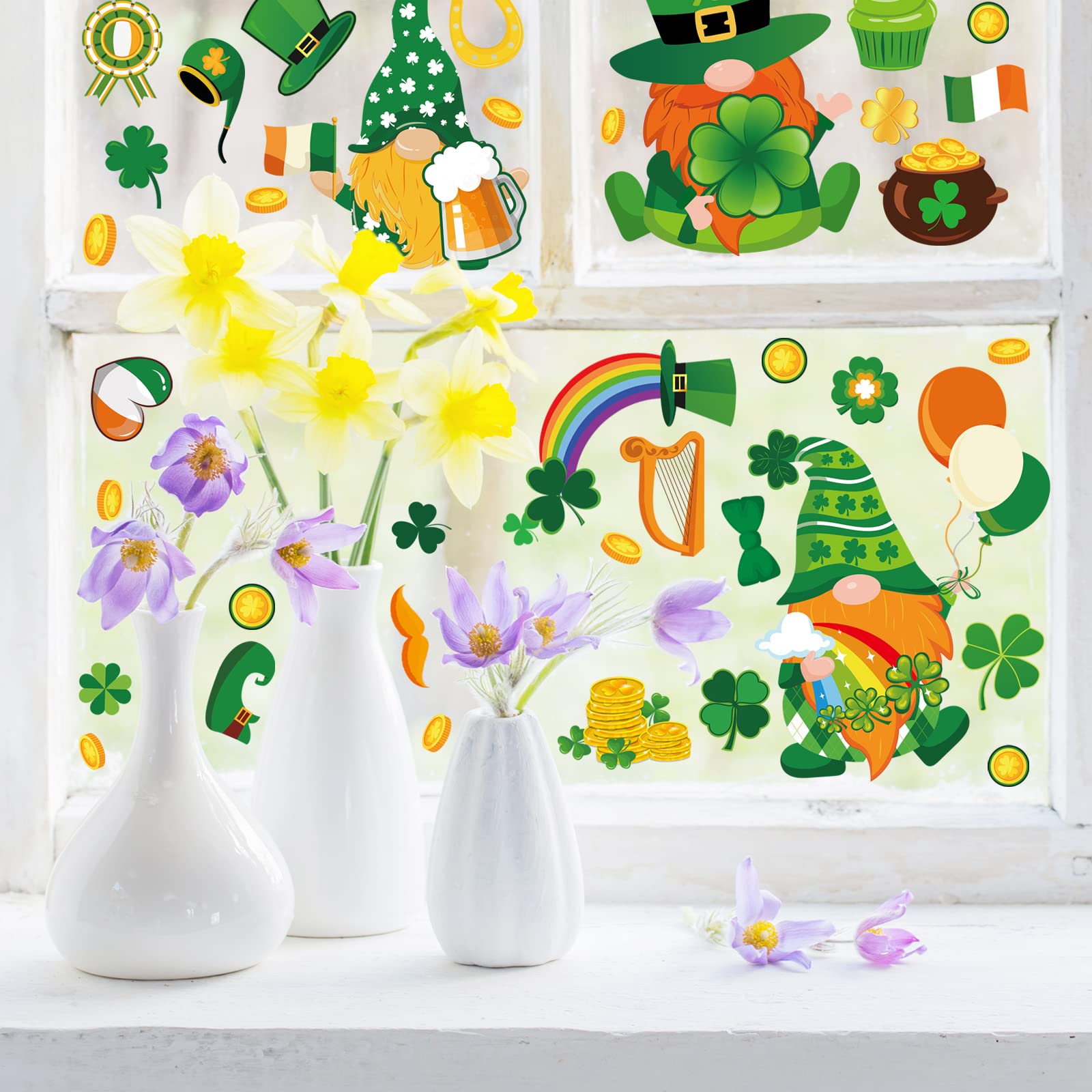 Whaline 18 Sheets Spring Window Clings - St. Patrick's Day & Easter Stickers with Cute Gnome, Sunflower, Bee, Shamrock, Bunny Eggs Decor for Home, School, Office - Party Supplies & Seasonal Window Decals (Perfect for Holiday Decorations, Classroom Activities & Festive Home Decor)