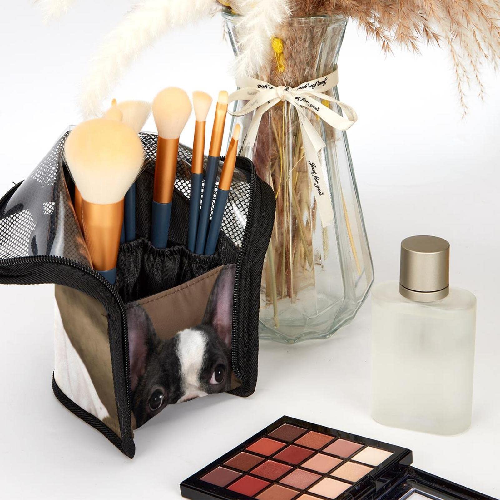 12-Piece Makeup Brush Organizer Bag with Portable Case - Cute Boston Terrier Dog Design | Perfect for Travel, Home Vanity & Professional Makeup Artists