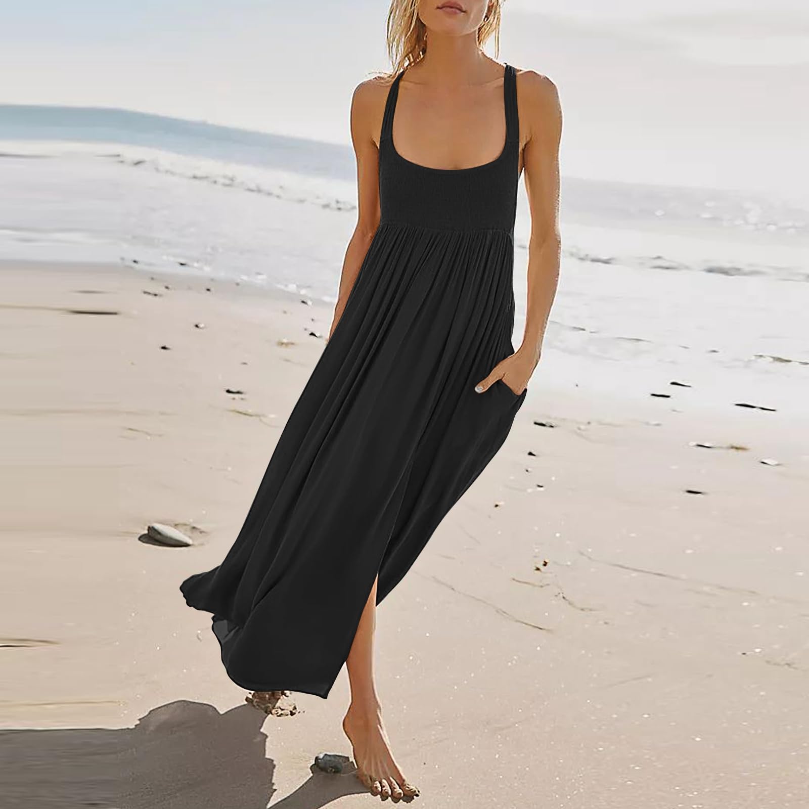 Sexy Halter Neck Boho Maxi Dress for Women - Summer Sleeveless Smocked Dress with Side Split & Pockets | Casual Beach Wear, Vacation Outfit, Party Dress