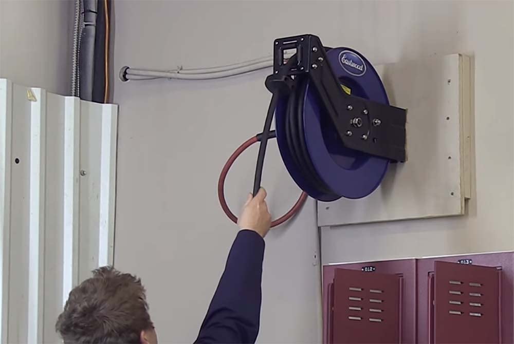Eastwood 3/8 Inch x 50 Feet Retractable Air Hose Reel with Durable Powder Coating - Perfect for Garage, Workshop, and Automotive Air Tool Use