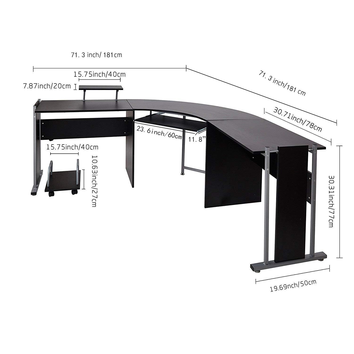 Modern L-Shaped Computer Desk Corner Workstation - 71.3x19.6x30.3 Inch Solid Wood Home Office Desk with Keyboard Tray (Black) | Perfect for Small Spaces, Gaming Setup & Remote Workstations