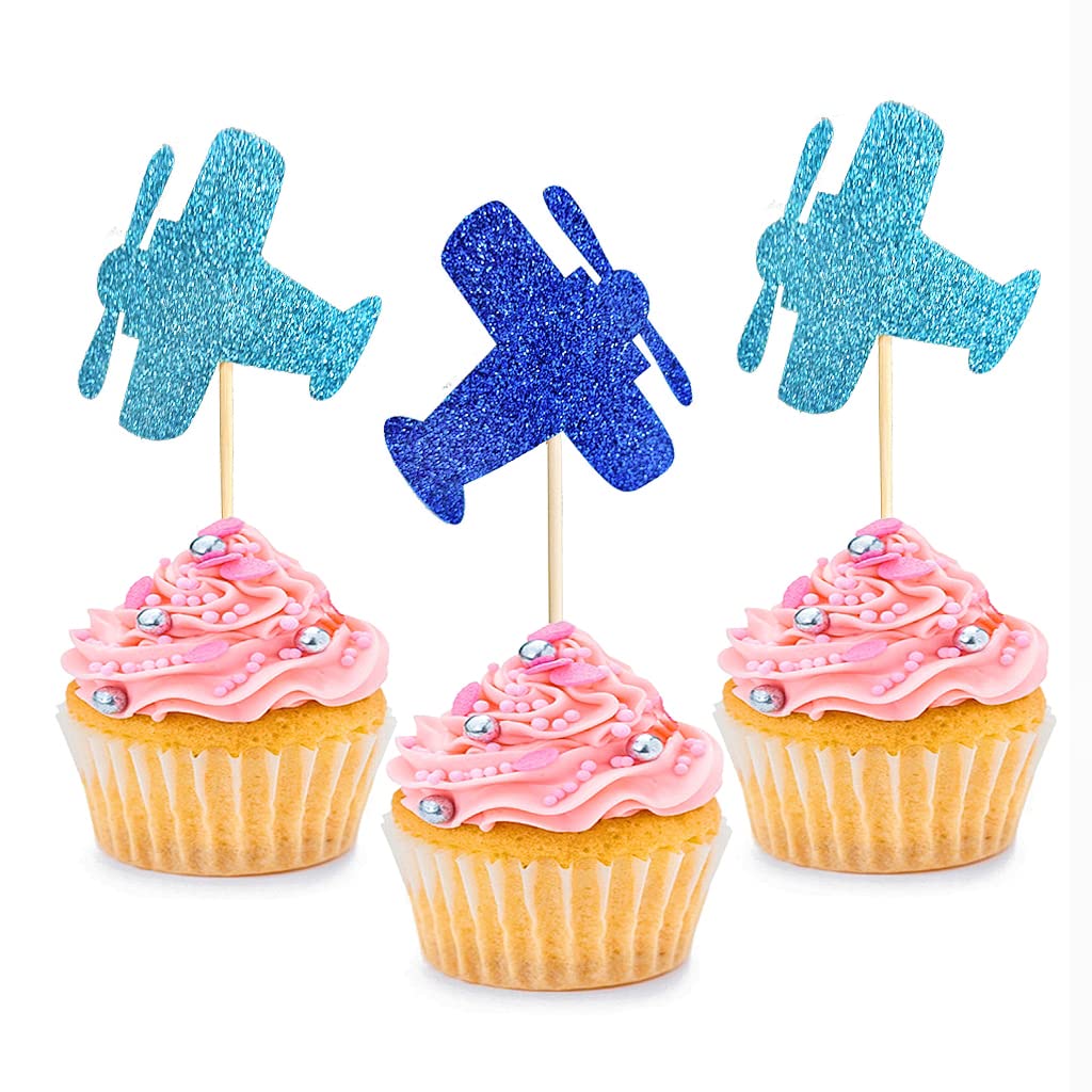 24 PCS Glitter Airplane Cupcake Toppers for Birthday Party, Wedding, Baby Shower, Anniversary - Edible Cake Decorations for Desserts & Celebrations - Perfect for Aviation Themed Events and Kids Parties