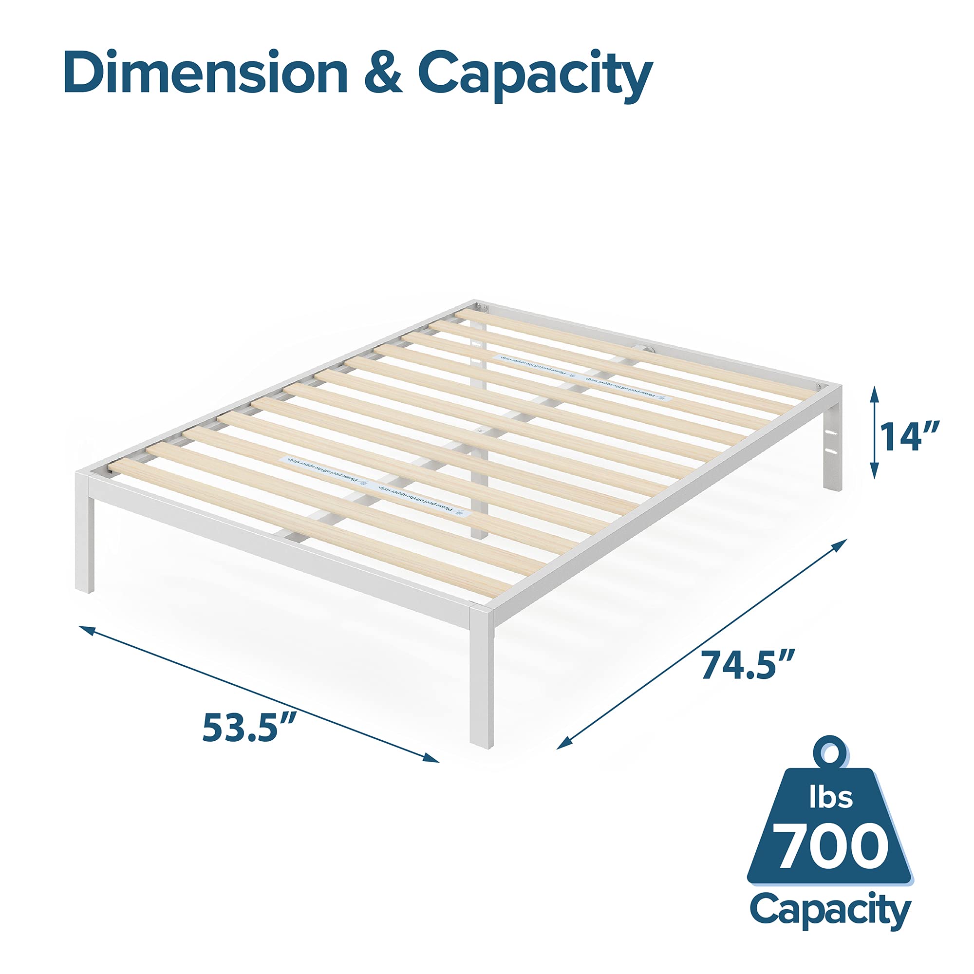 ZINUS Mia Metal Bed Frame - Wood Slat Support, No Box Spring, Easy Assembly - Full Size White for Modern Bedrooms
