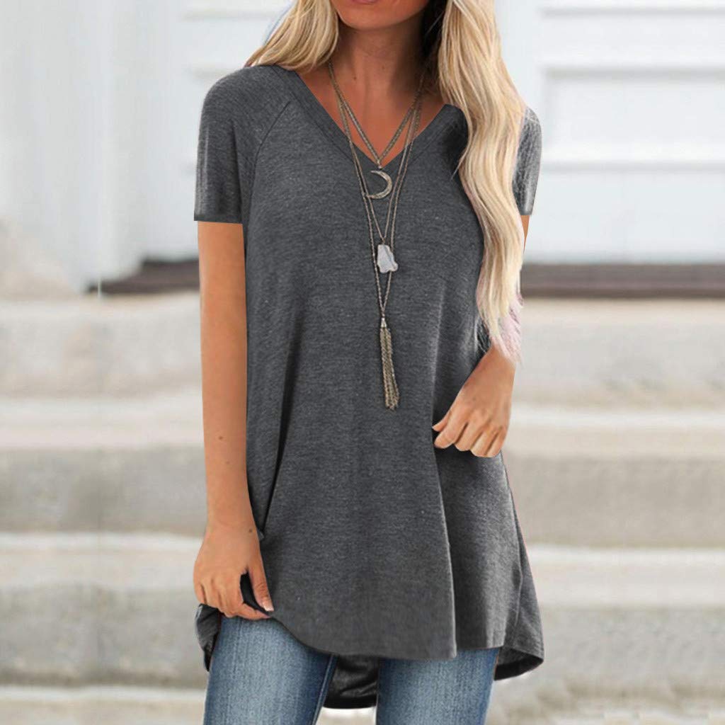 Women's Summer Casual V-Neck Short Sleeve Tunic T-Shirt - Sexy Trendy Loose Fit Plain Top for Beach, Vacation & Everyday Wear