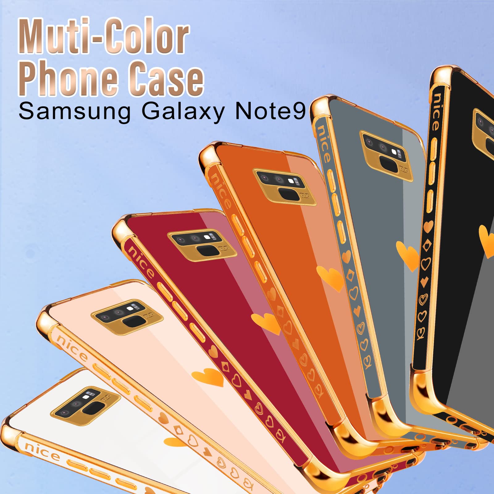 2in1 Luxury Samsung Galaxy Note 9 Case with Screen Protector & Chain - Elegant Black & Gold Plating Heart Design for Women & Girls | Trendy Aesthetic Protection for 6.4