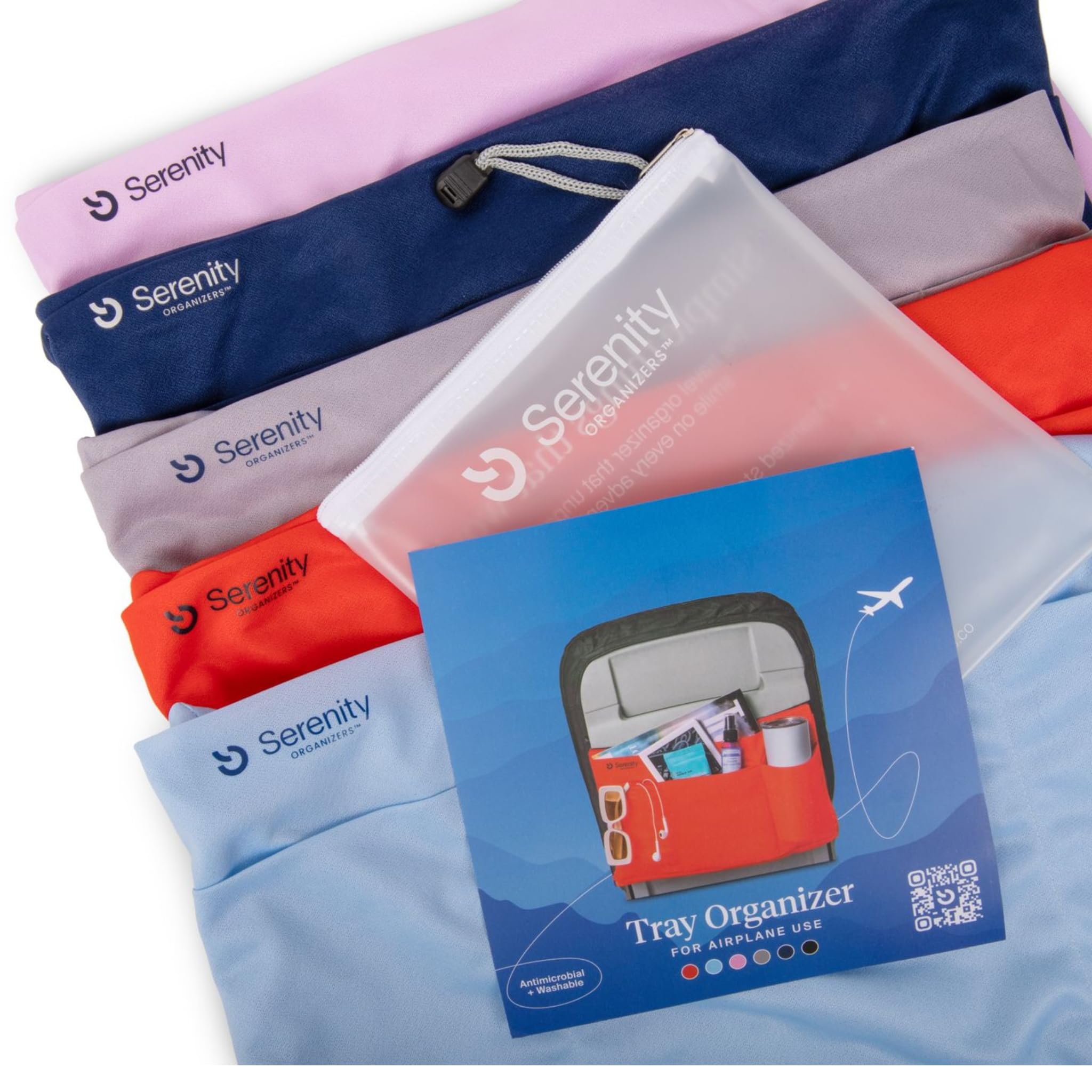 **Airplane Tray Organizer with 4 Storage Pockets – Convertible Drawstring Tote, Washable & Lightweight (2.8 oz) – Back Seat Tray Cover for Travel Essentials – Perfect for Flights, Road Trips & Kids' Activities**